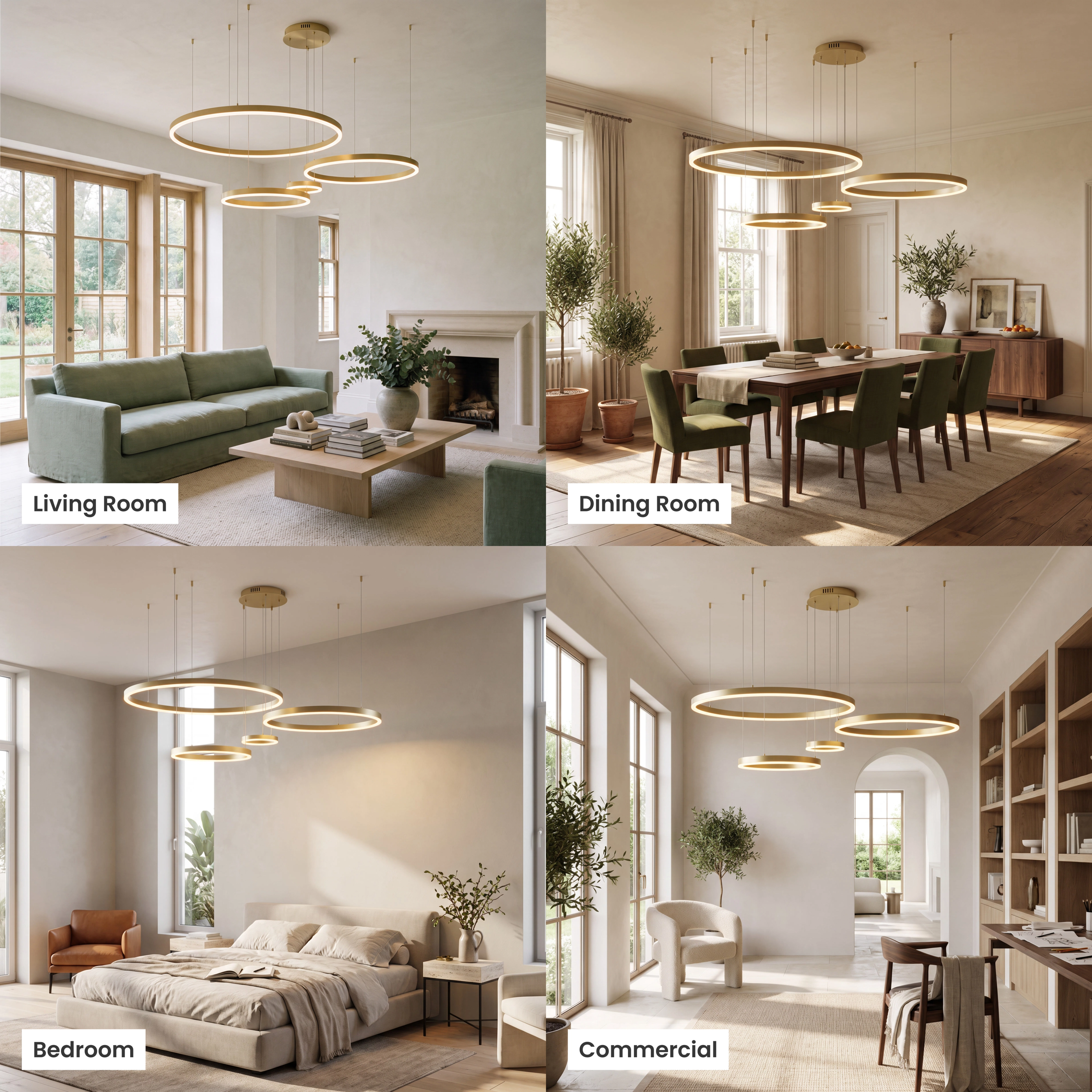 Charlotte Smart ring chandelier shown in a living room, dining room, bedroom and office