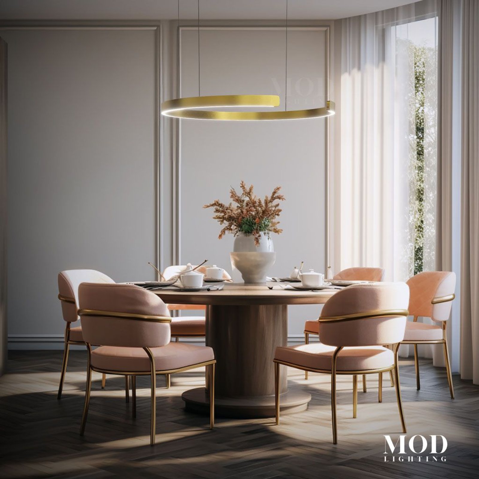 Ring pendant, gold circular LED halo suspended over a round dining table with blush chairs in a bright room
