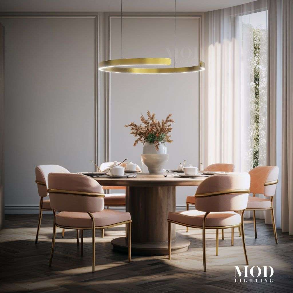 Ring pendant, gold circular LED halo suspended over a round dining table with blush chairs in a bright room