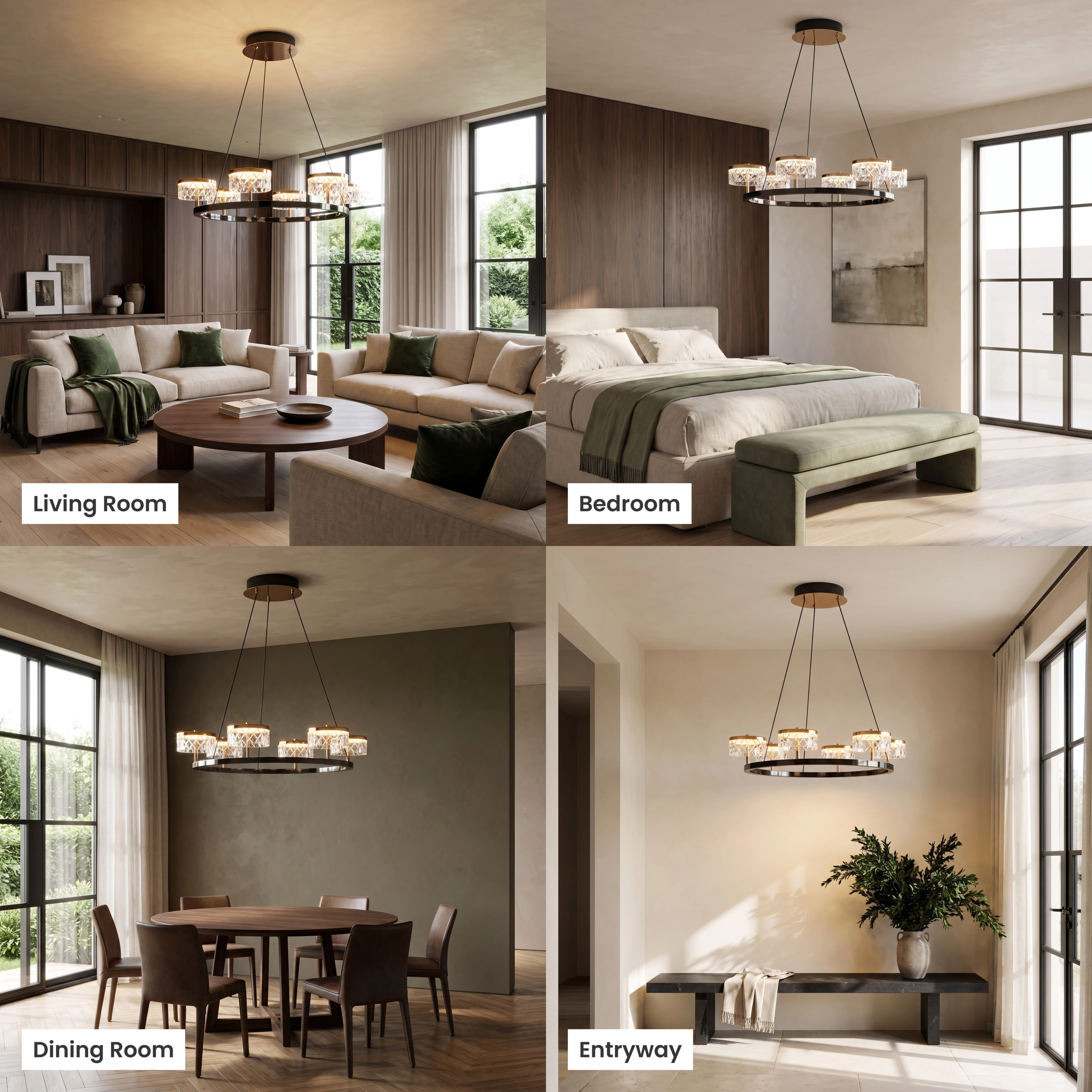 Emma gold and pearl-black crystal drum chandelier on a chrome ring, shown in living, dining, bedroom and commercial rooms