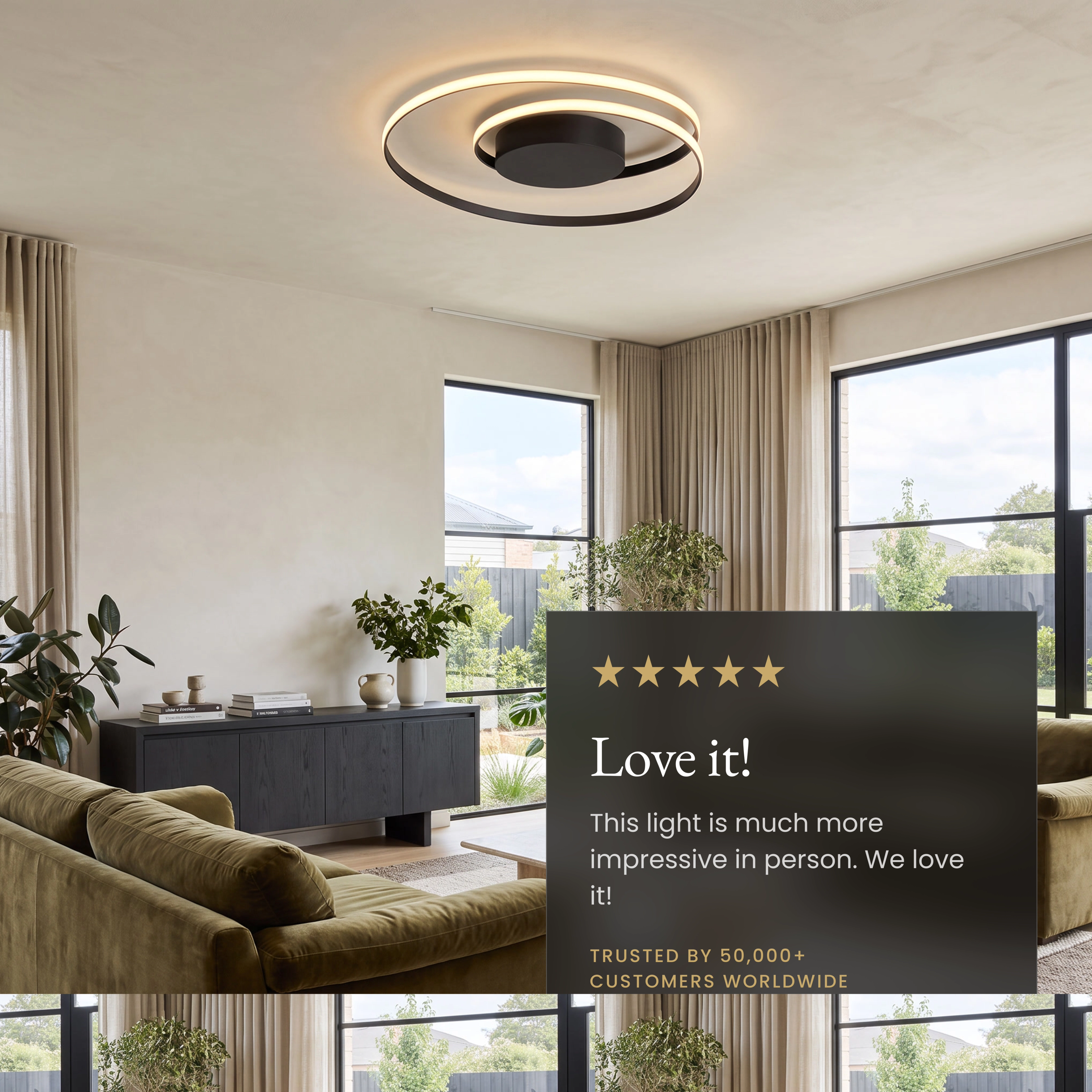Spiral ceiling light, gold looping LED ring flush-mounted in a modern living room