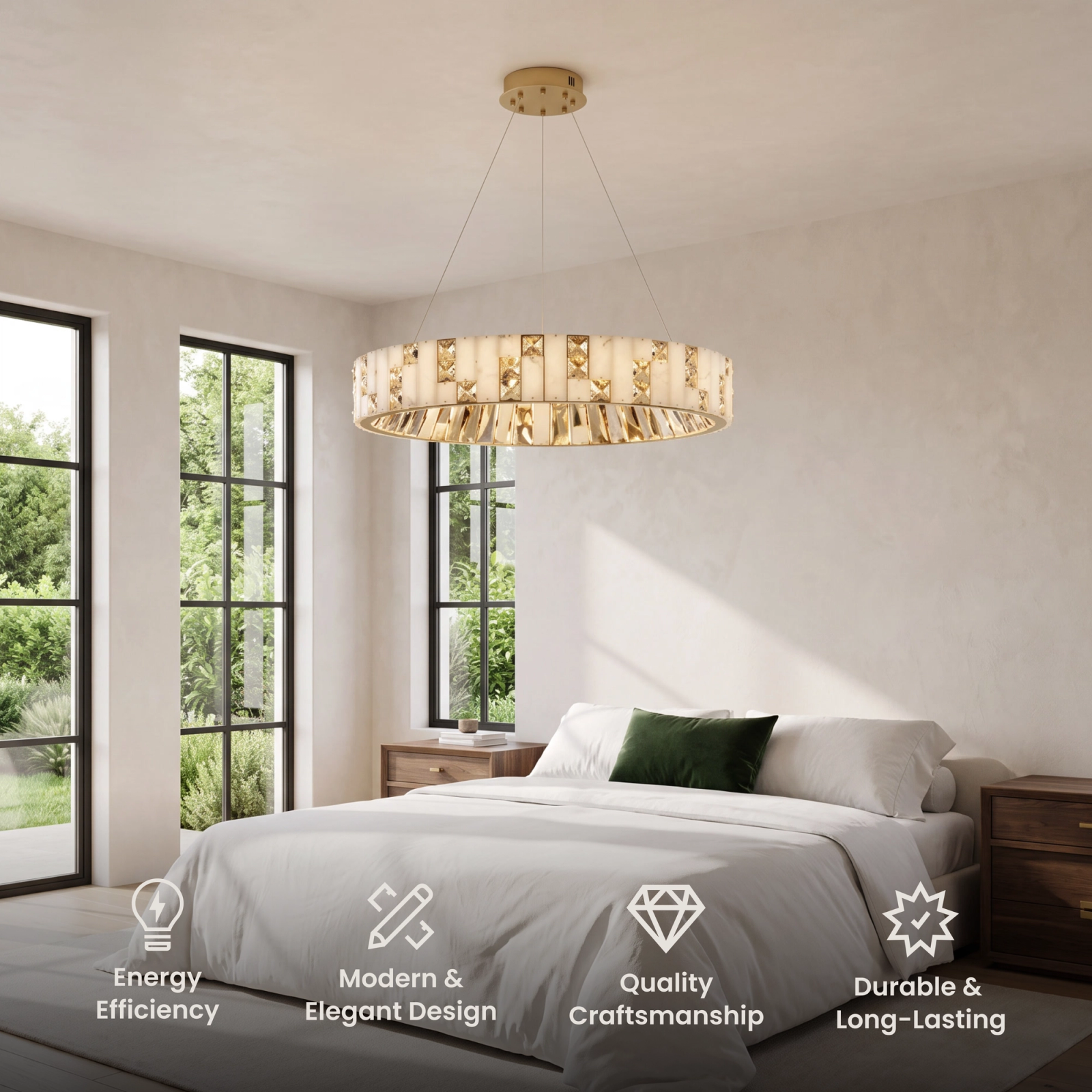 Seraphine Smart alabaster and crystal ring chandelier above a bed, with feature icons