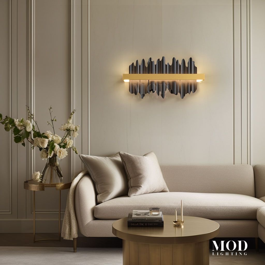 Aurelius Sconce, horizontal black irregular-edge blades on a gold bar, lit on a paneled living-room wall