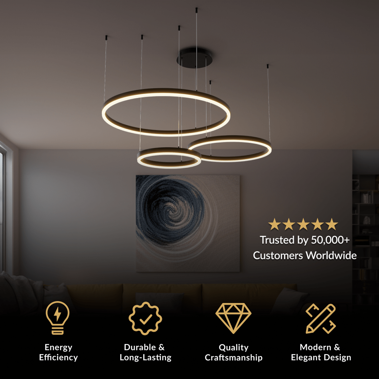 Charlotte gold three-ring tiered LED chandelier with staggered concentric halos in a living room