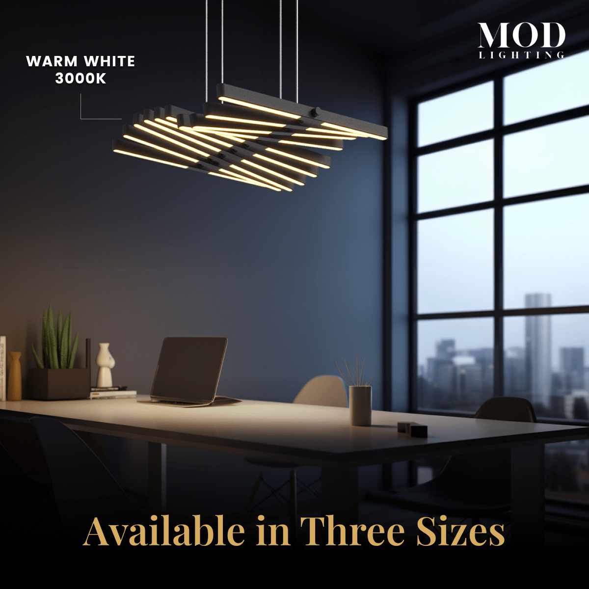 Sylas pendant in warm white 3000K, black light bars over a desk in a city-view office