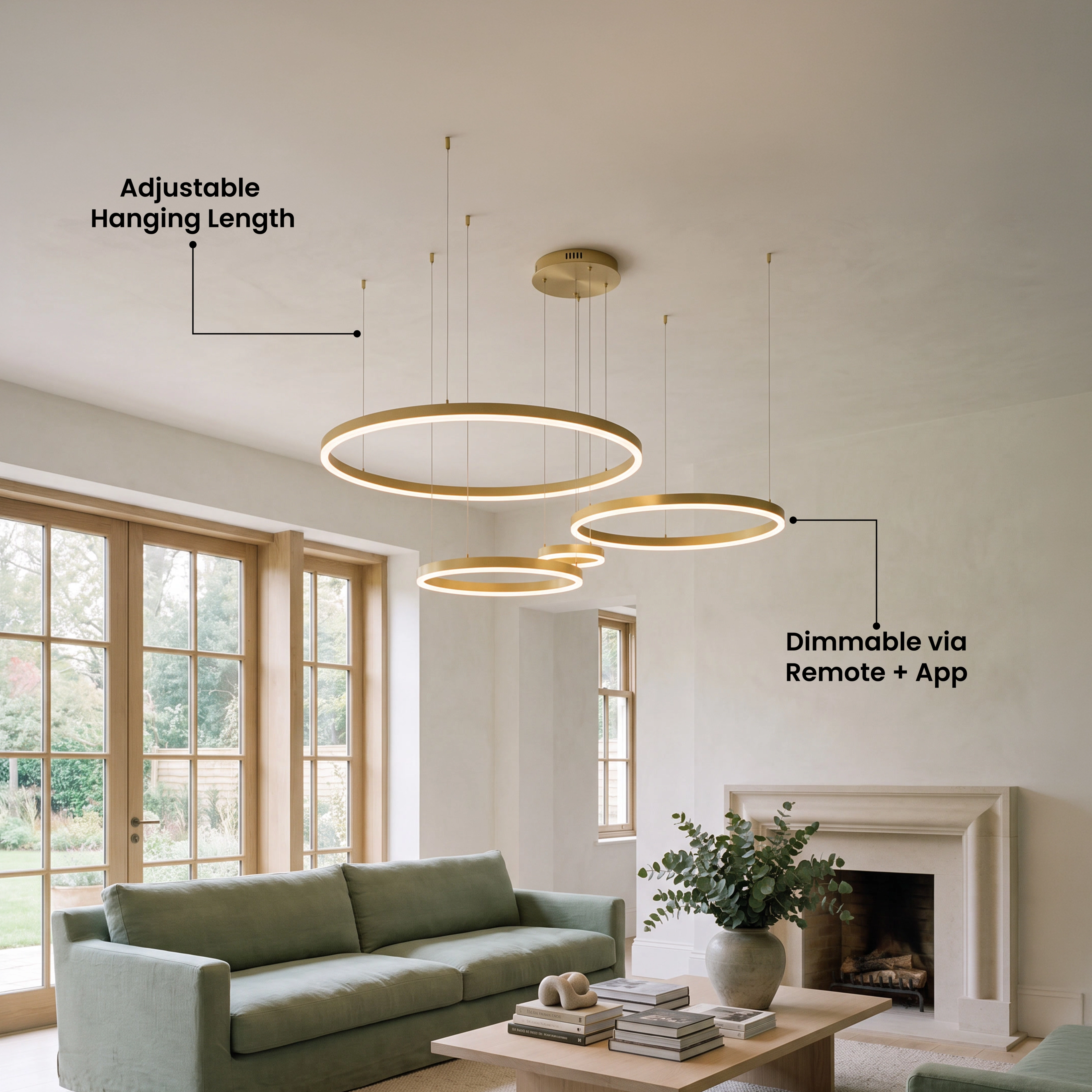 Charlotte Smart gold ring chandelier in a living room, labeled adjustable hanging length and dimmable via remote and app