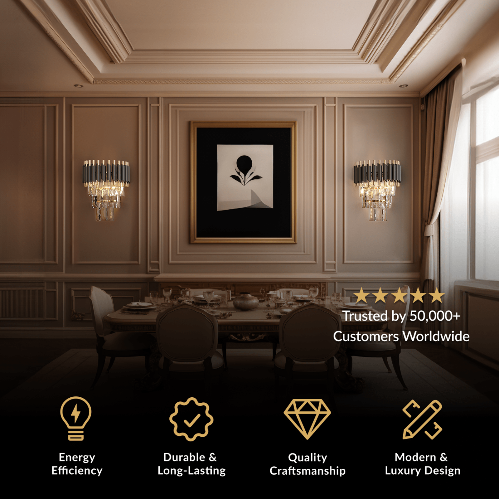 Onyx Sconces, pair of tiered crystal wall sconces flanking artwork in a formal dining room