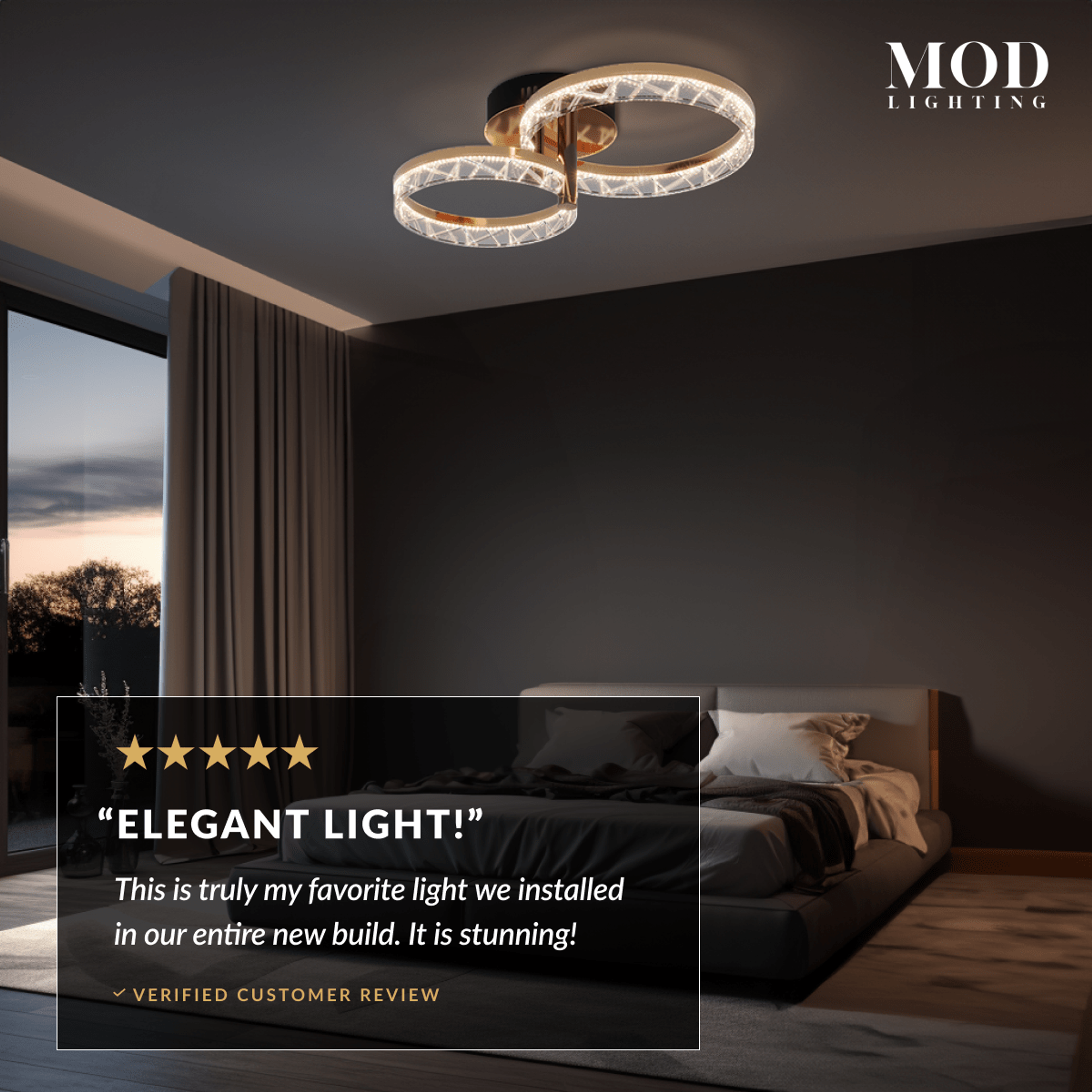 Clara gold two-ring crystal ceiling light in a bedroom, with a five-star verified customer review overlay