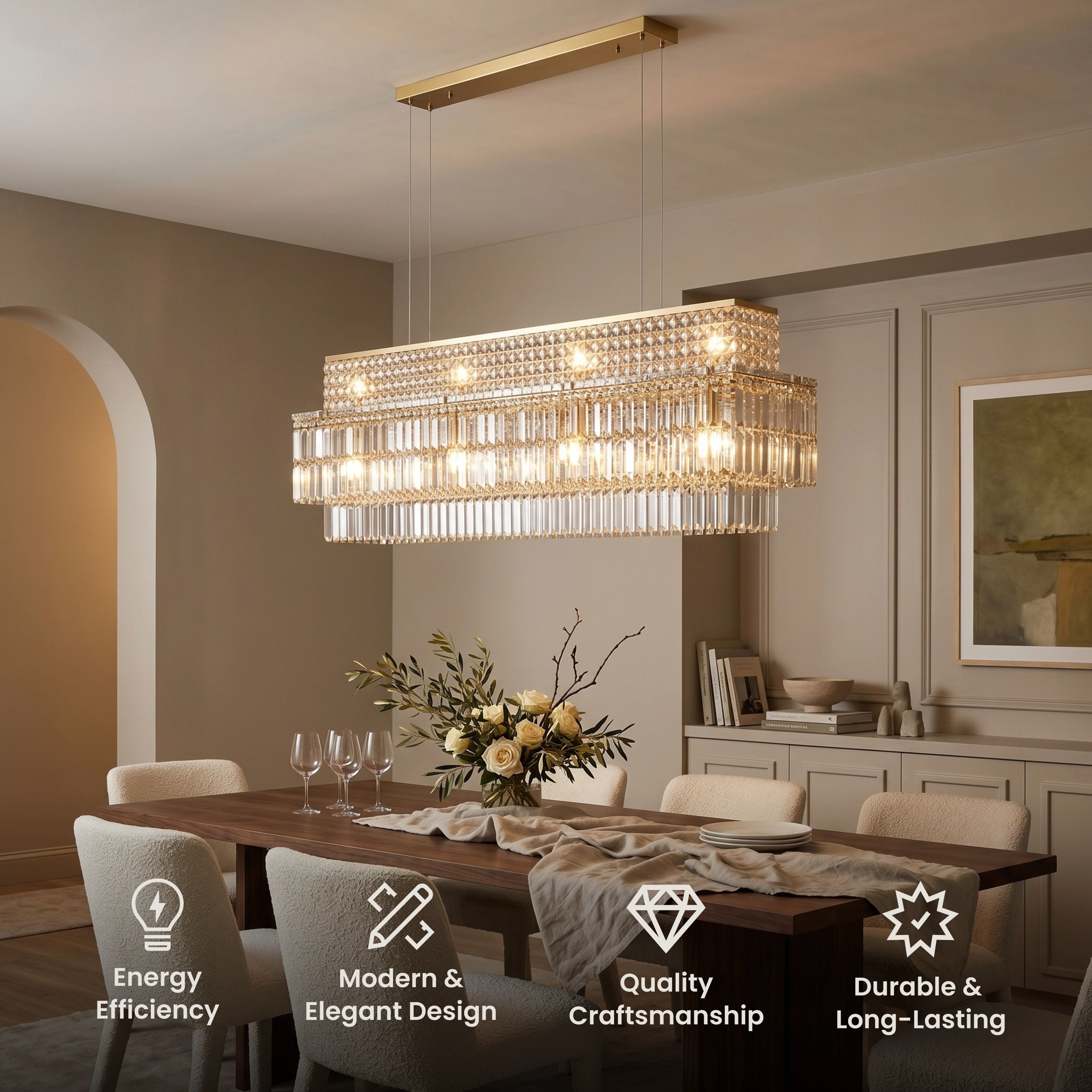Krystal rectangular chandelier, gold frame with cascading clear crystal strands, over a sofa in a dark room