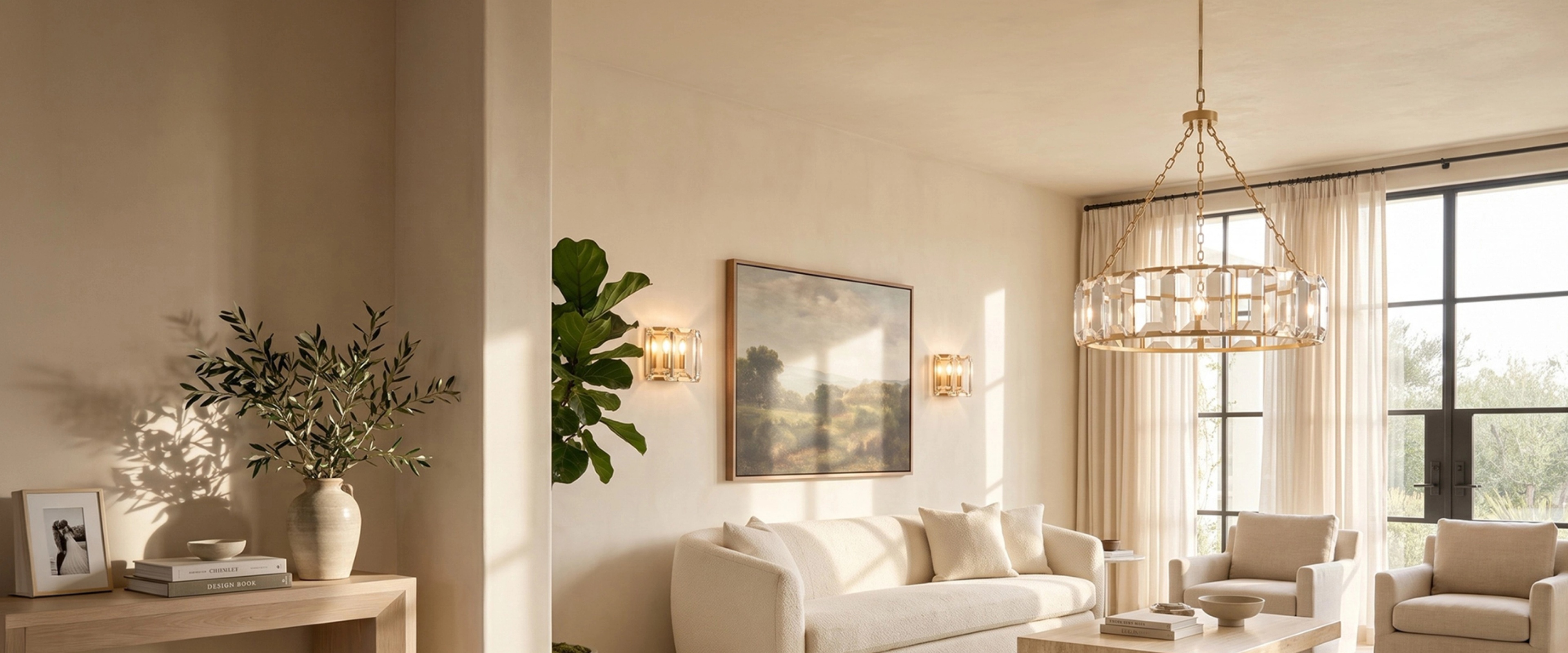 MOD LIGHTING Solara brass and crystal chandelier and sconces in a sunlit cream-toned living room