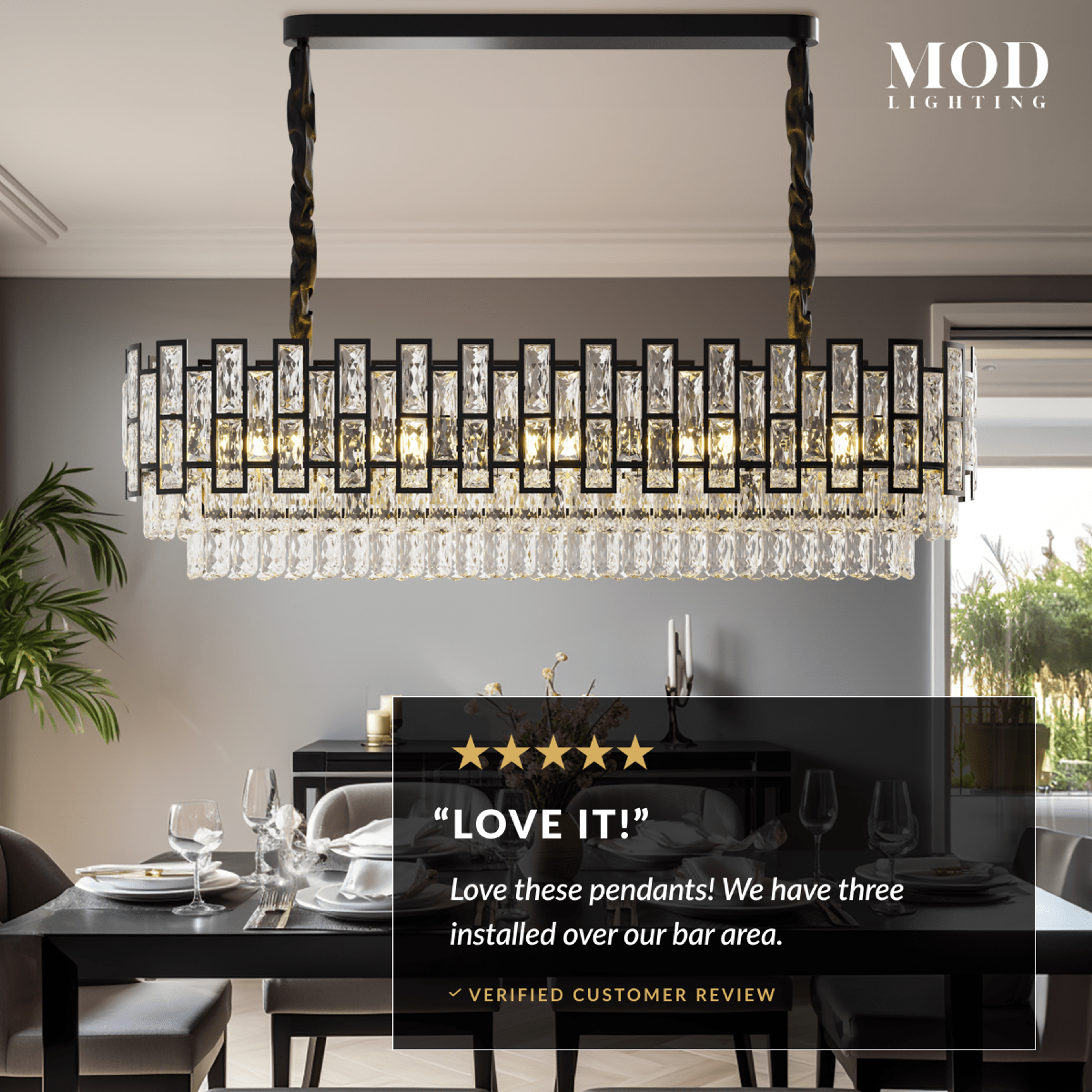 Raven black linear crystal pendant over a bar area, with a five-star customer review overlay