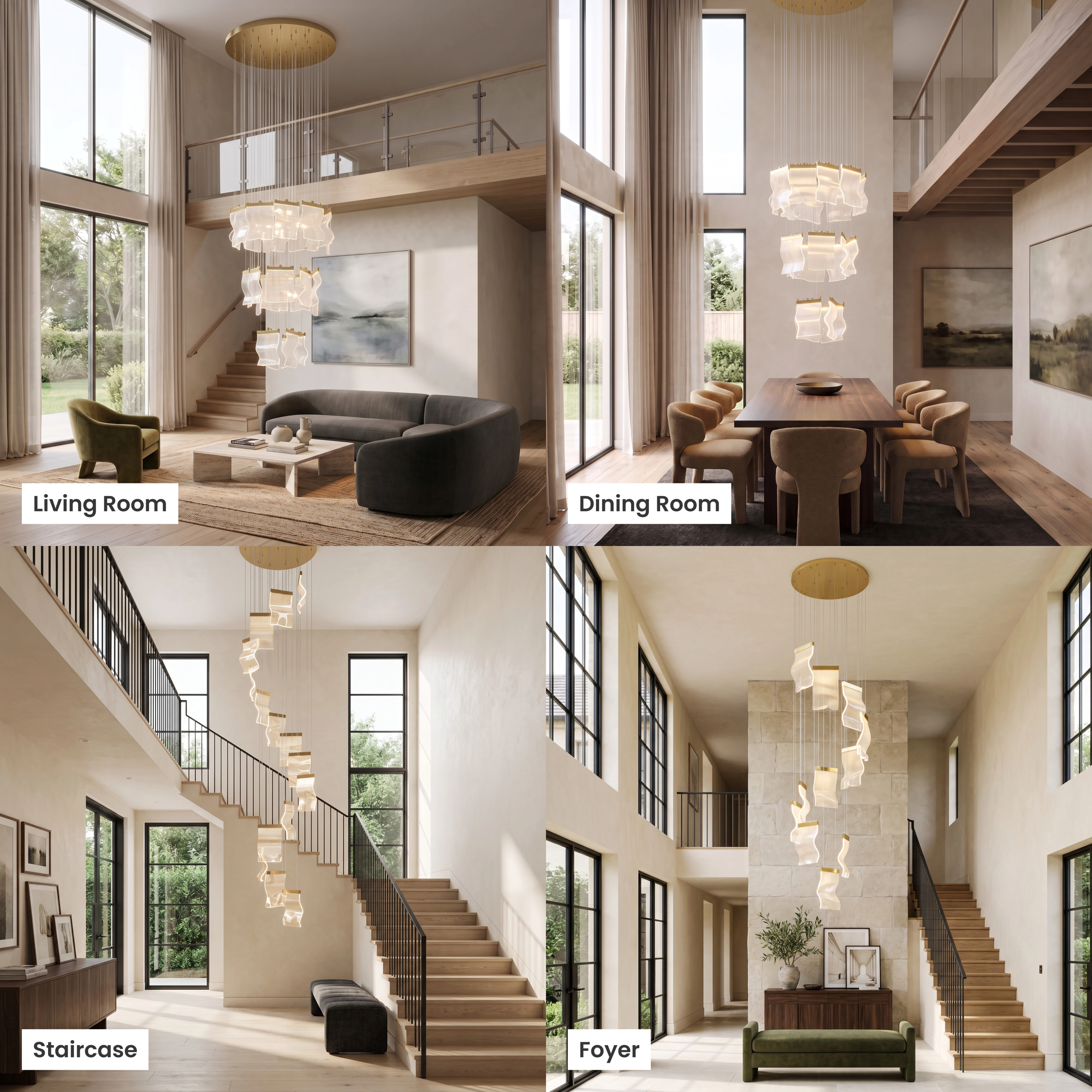 Helia chandelier, cascading staggered clear-crystal rectangles spiraling down a stairwell and living space