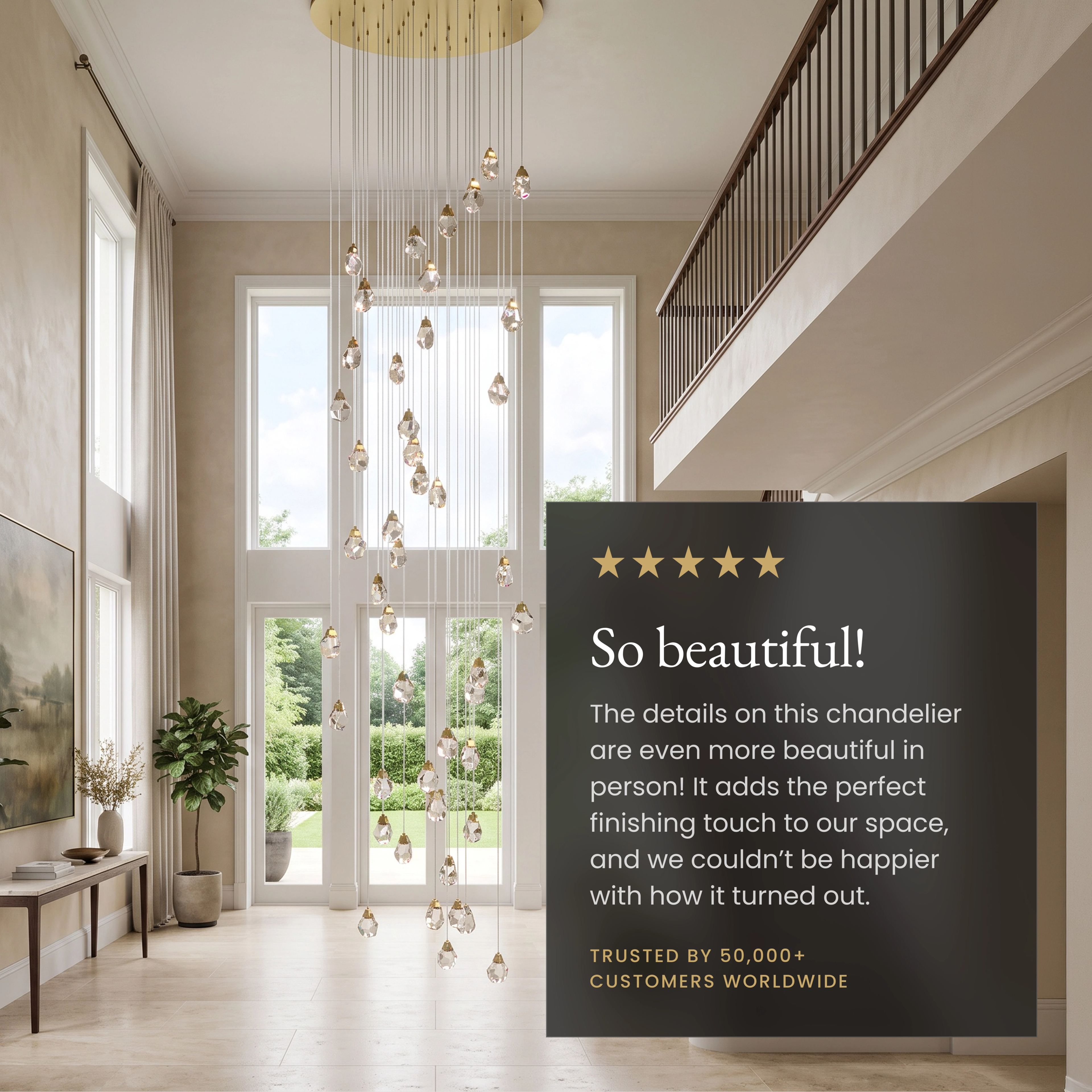Hailstone cascading crystal-drop chandelier in a stairwell, labeling stainless-steel, dimmer and wire features