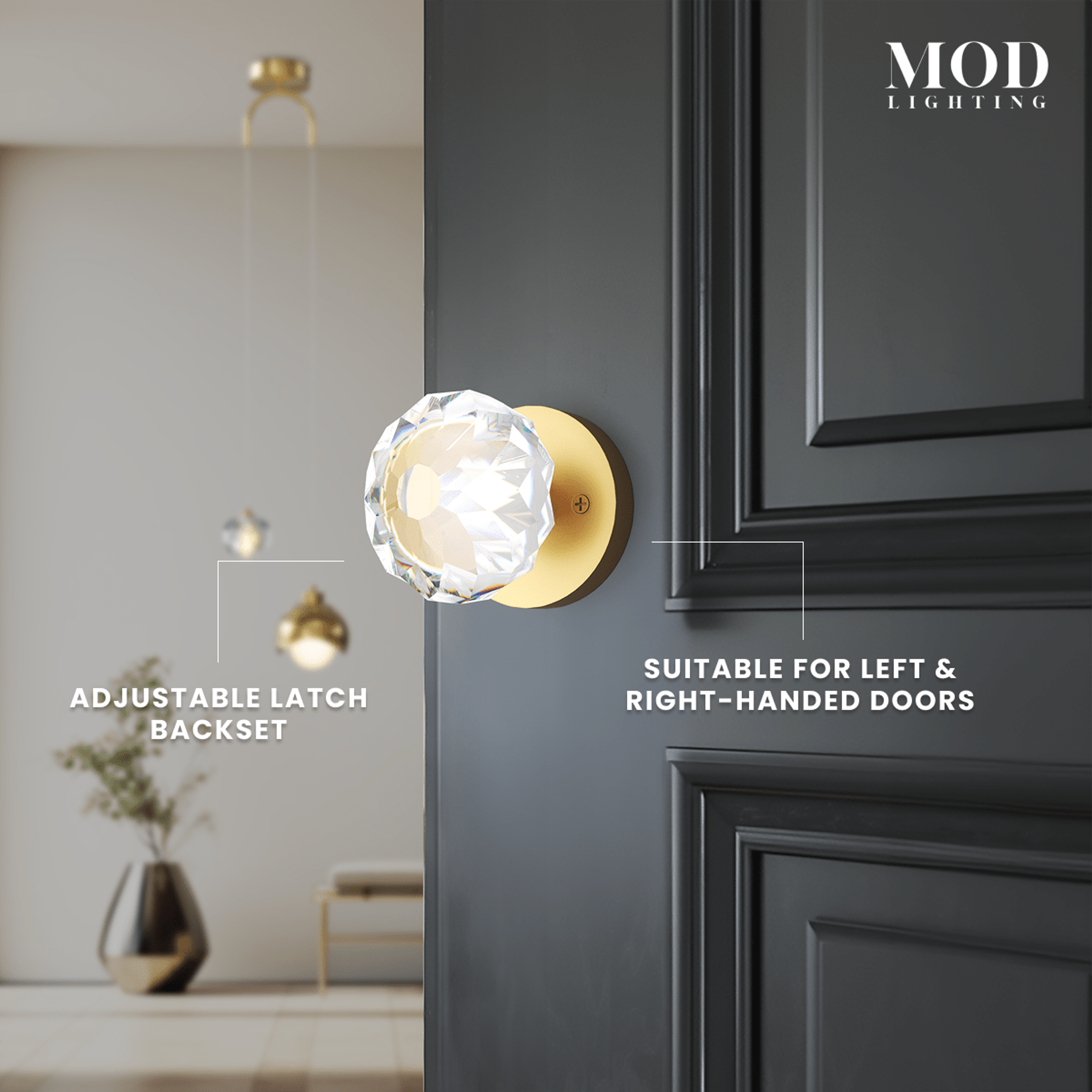 Regency brushed-gold crystal-ball knob on a grey door, noting adjustable latch backset and left/right fit