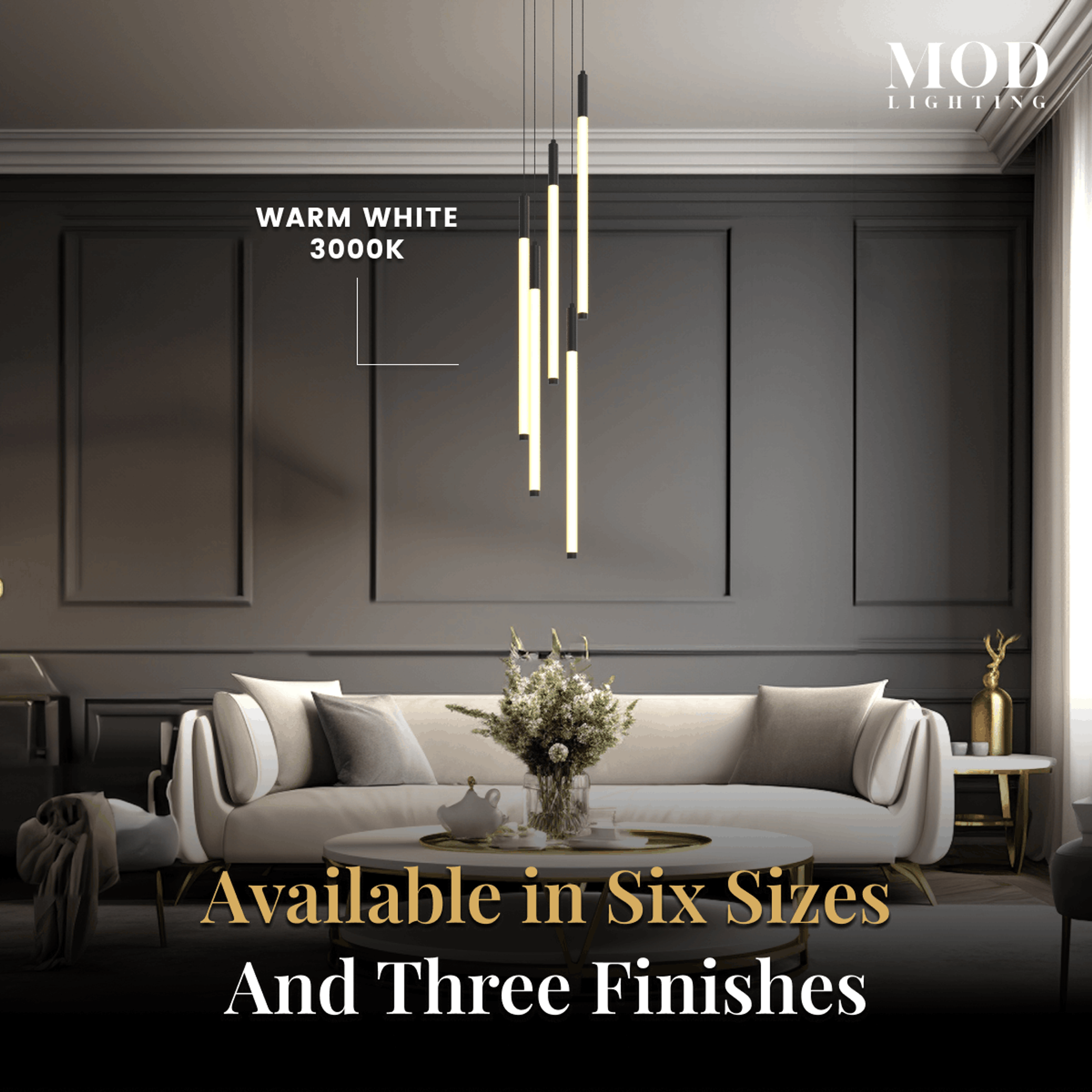 Kasper gold vertical-bar cascade chandelier on a paneled wall; available in six sizes, three finishes