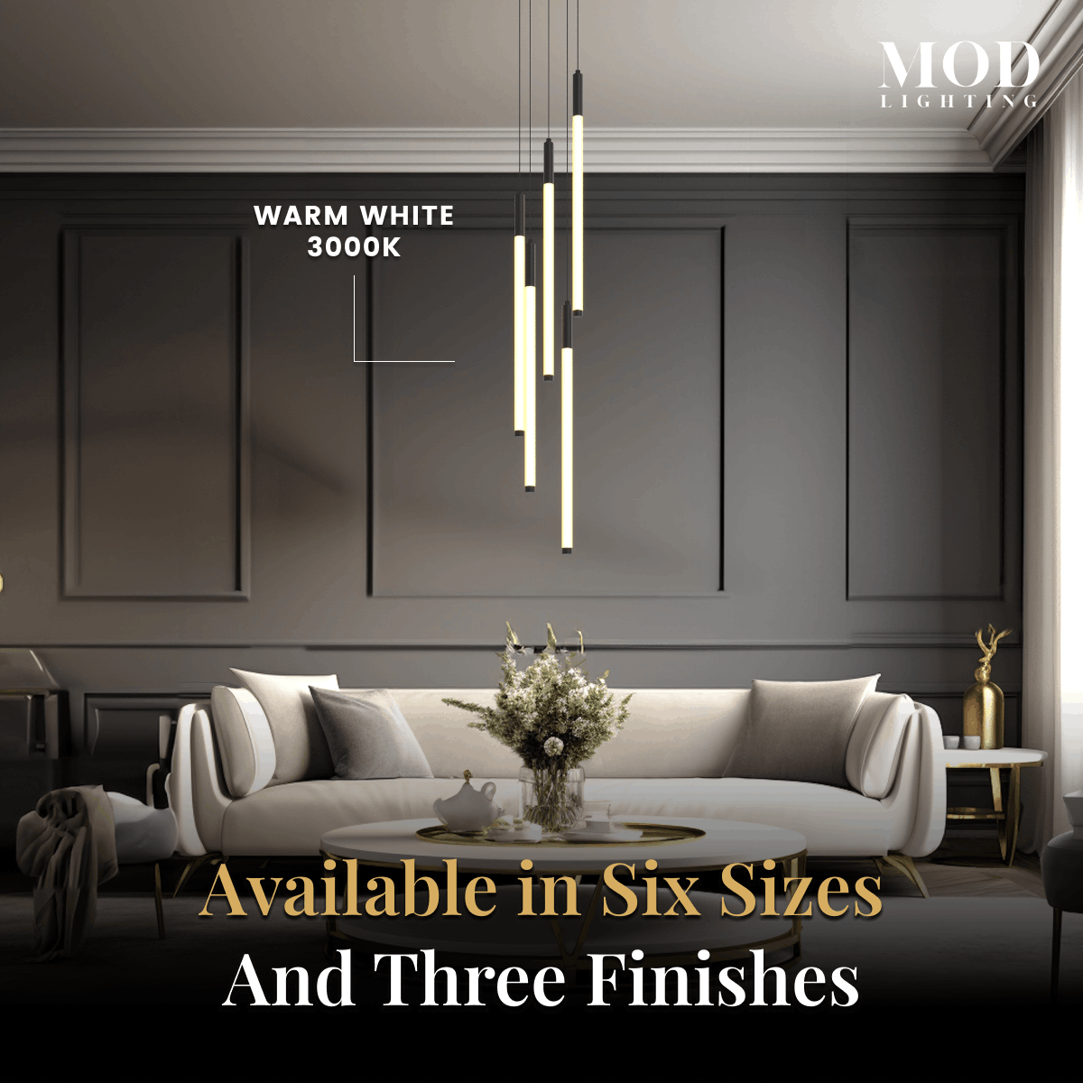 Kasper gold vertical-bar cascade chandelier on a paneled wall; available in six sizes, three finishes