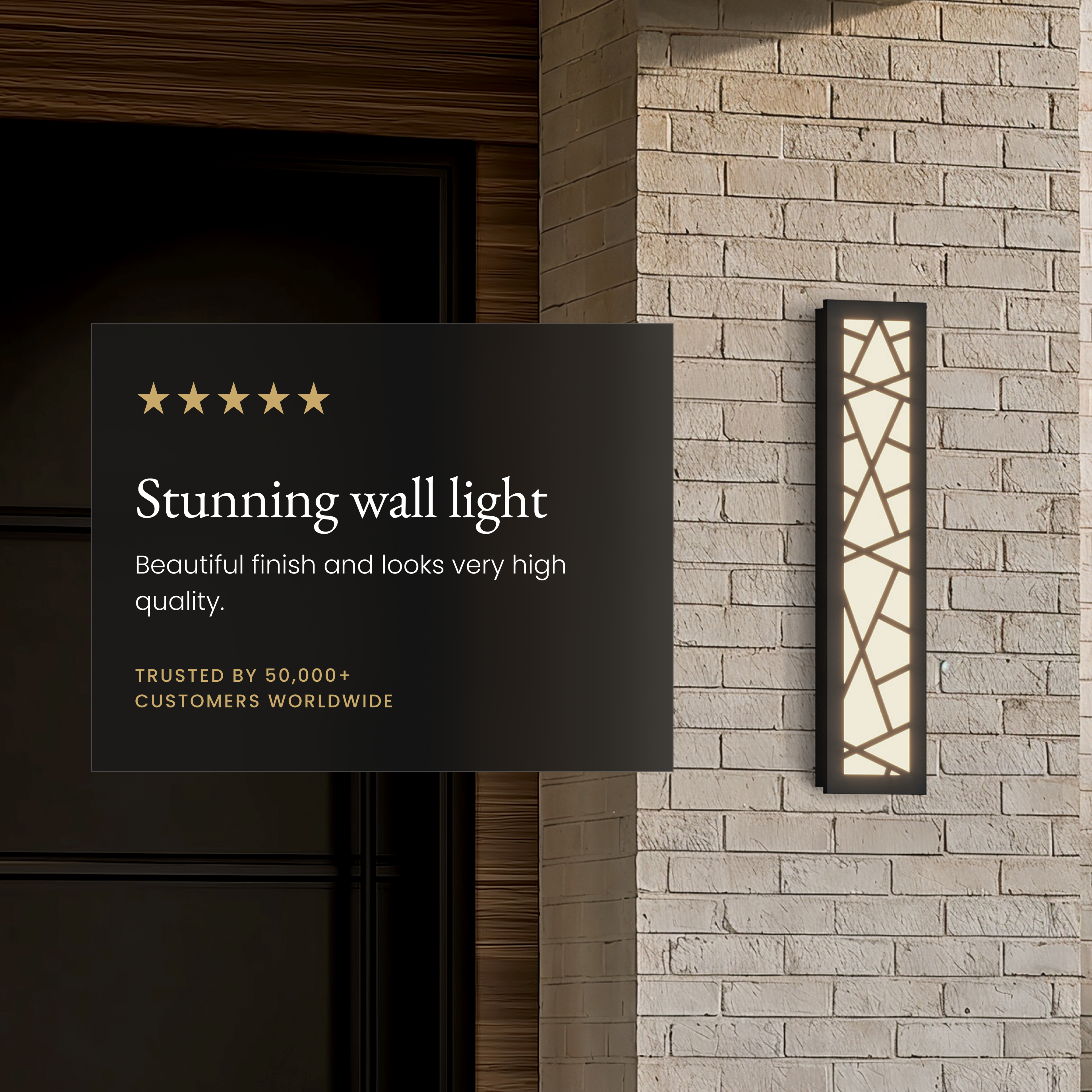 Harper Smart black LED bar wall light on brick beside a five-star customer review