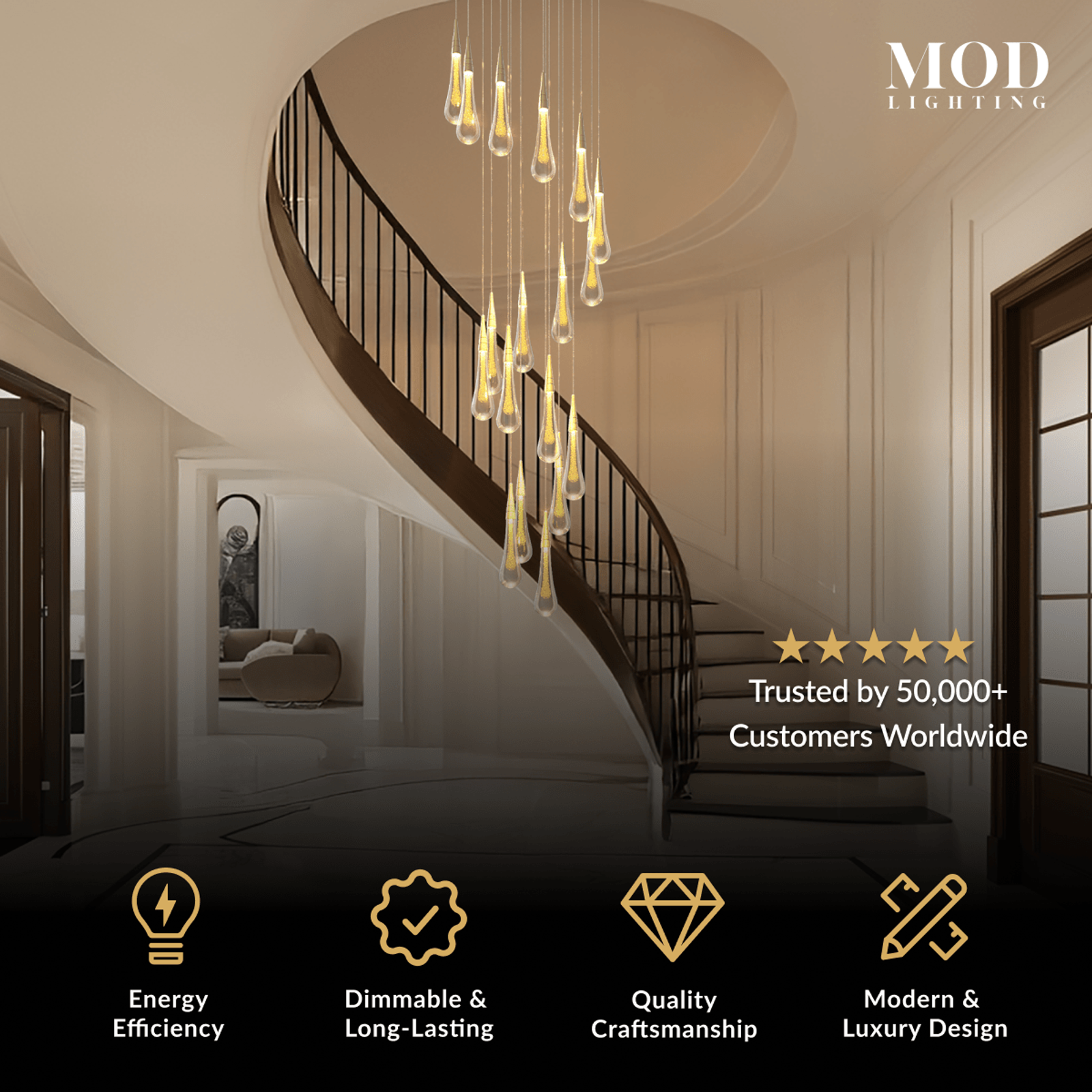 Indra gold crystal droplet chandelier cascading down