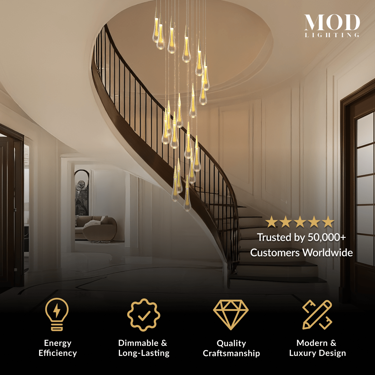 Indra gold crystal droplet chandelier cascading down