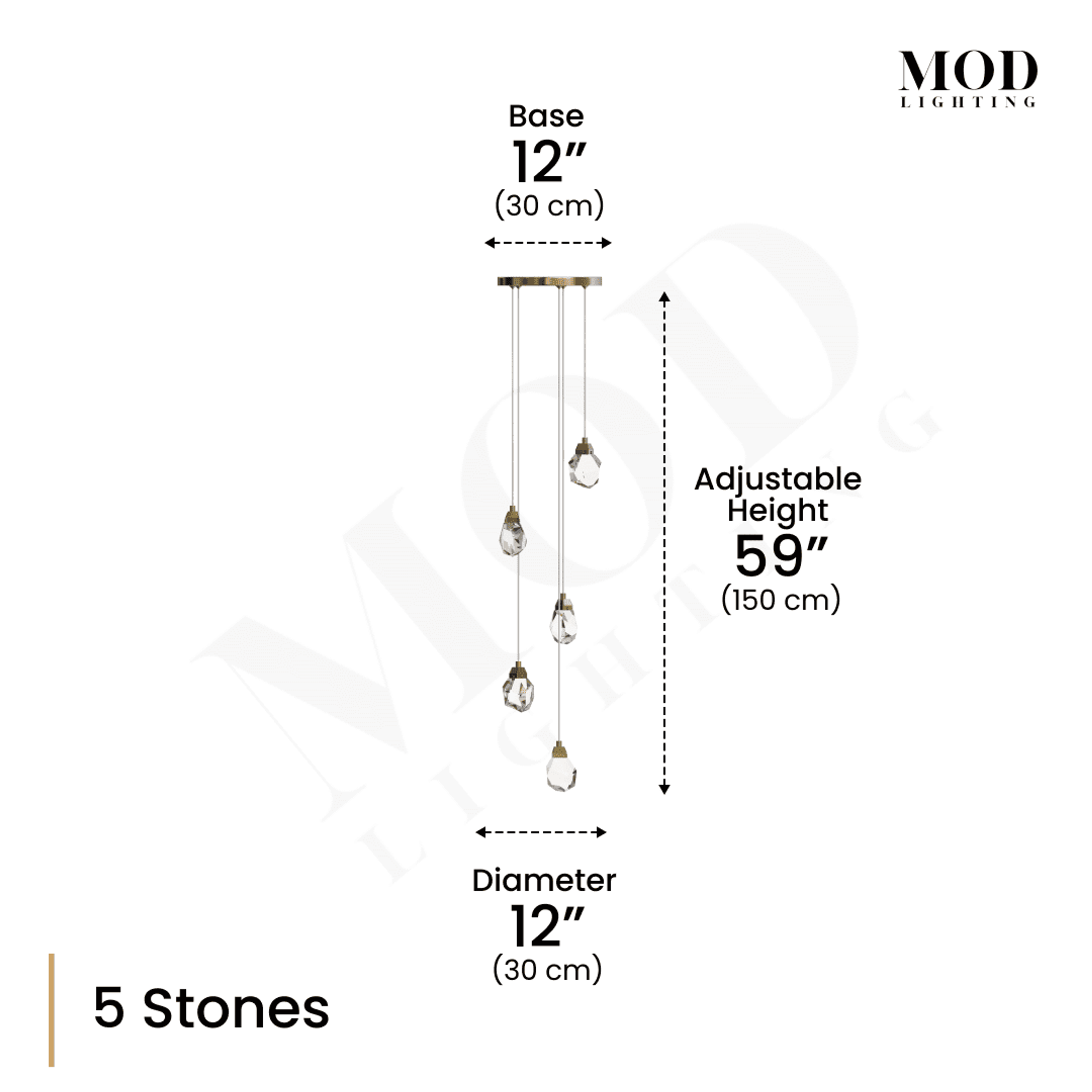 Hailstone dimension diagram, 5 faceted crystal stones, 12" base and diameter, 59" adjustable height