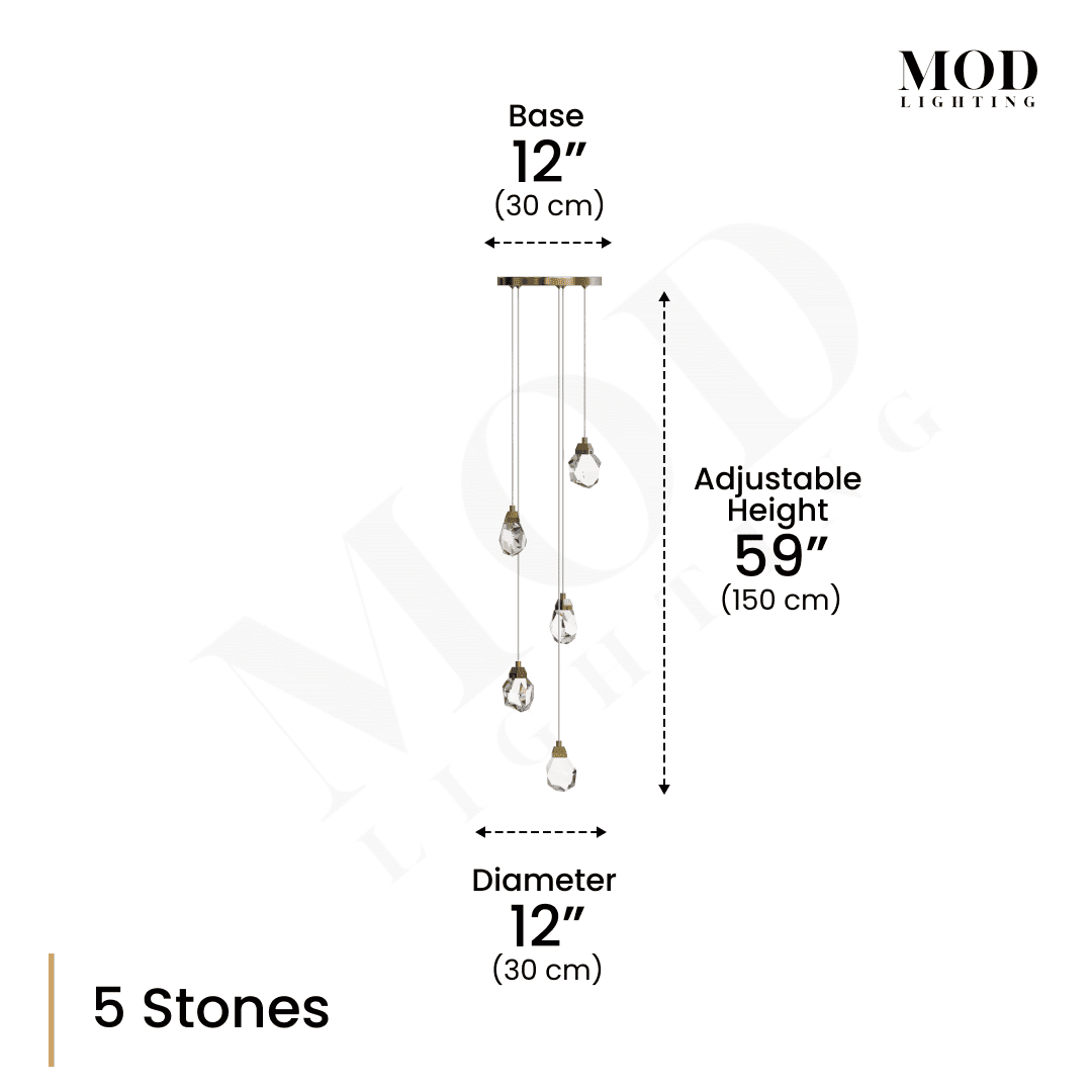 Hailstone dimension diagram, 5 faceted crystal stones, 12" base and diameter, 59" adjustable height