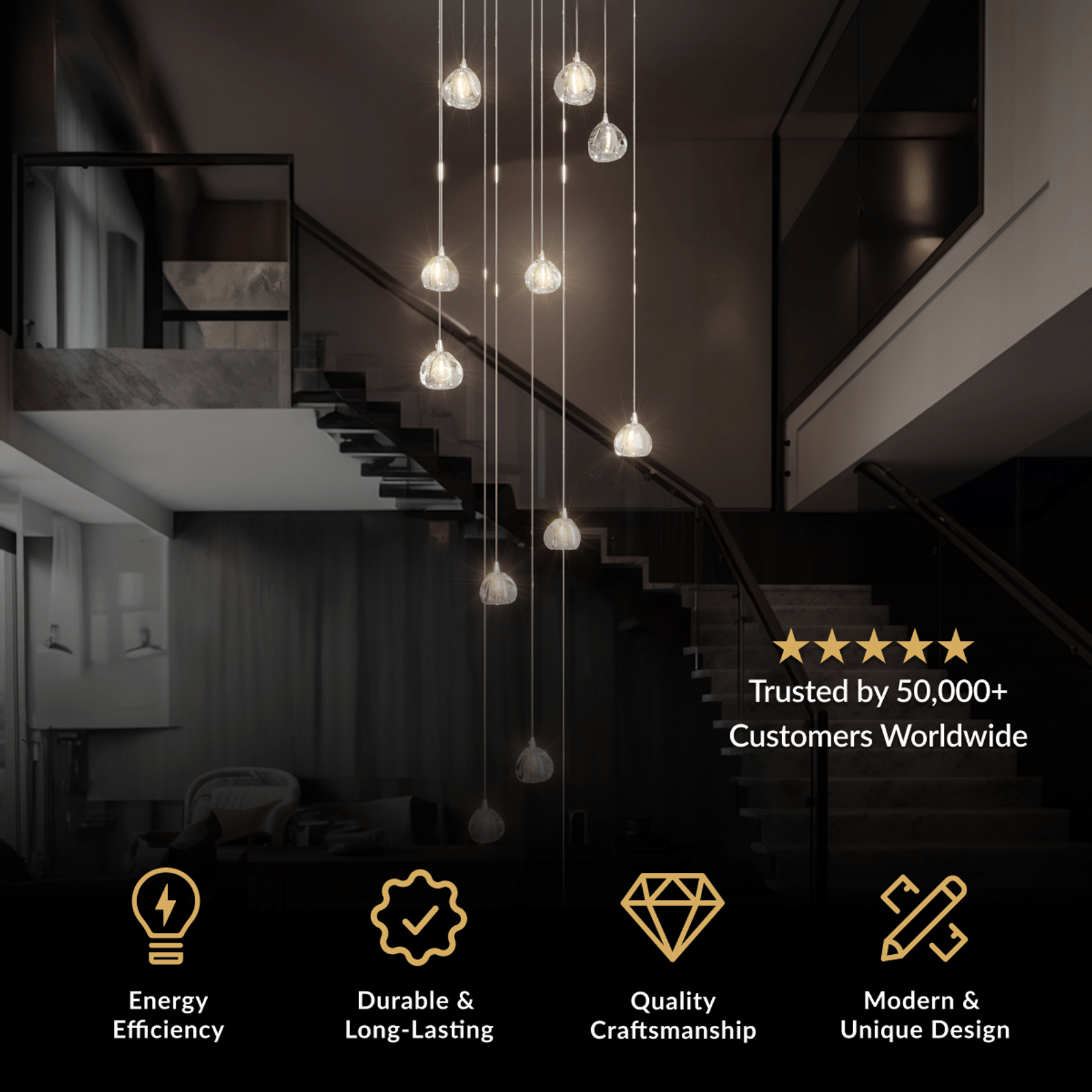 Sage vertical cascade of crystal ball pendants above a dark staircase