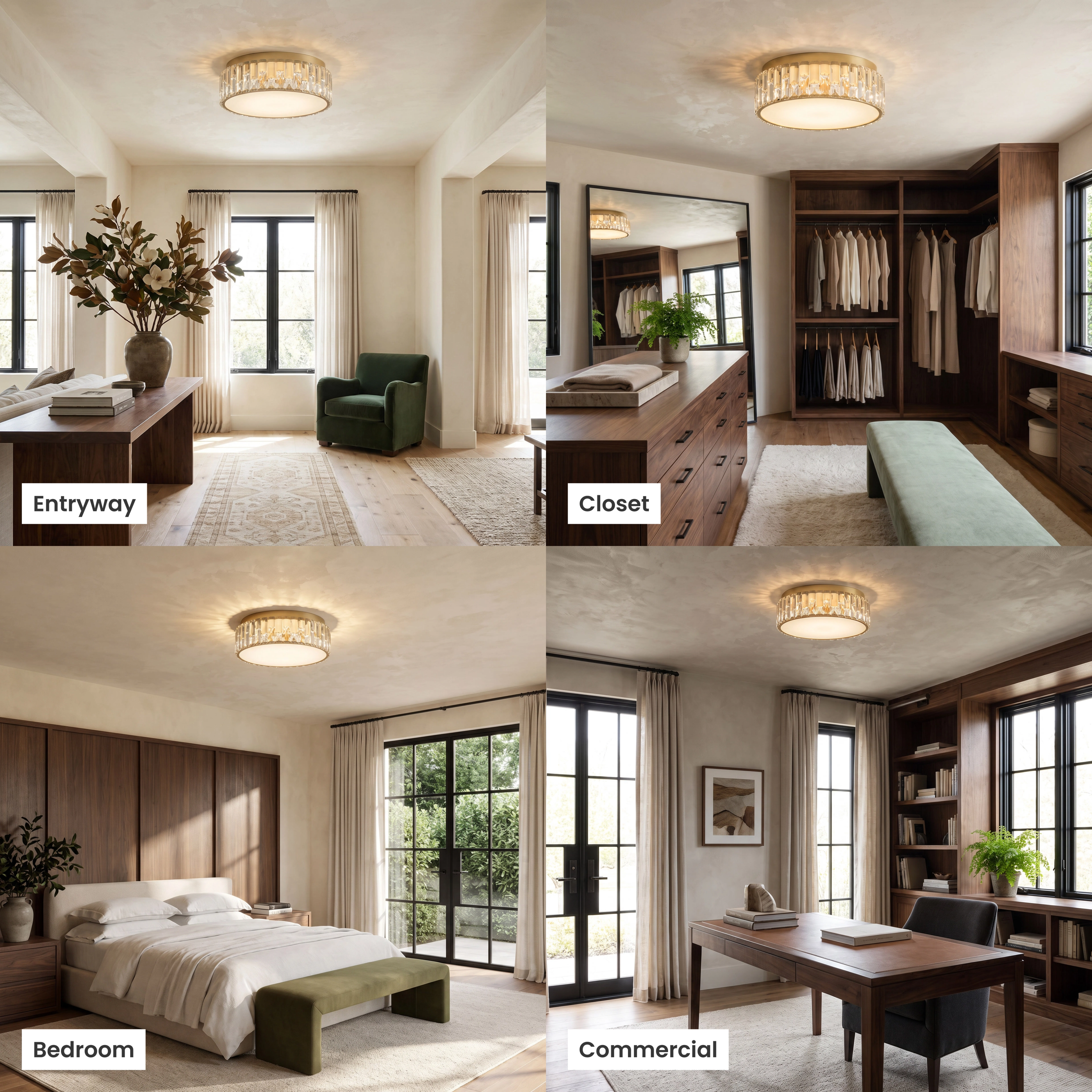 Elara Smart crystal flush mount ceiling light shown in an entryway, closet, bedroom and office
