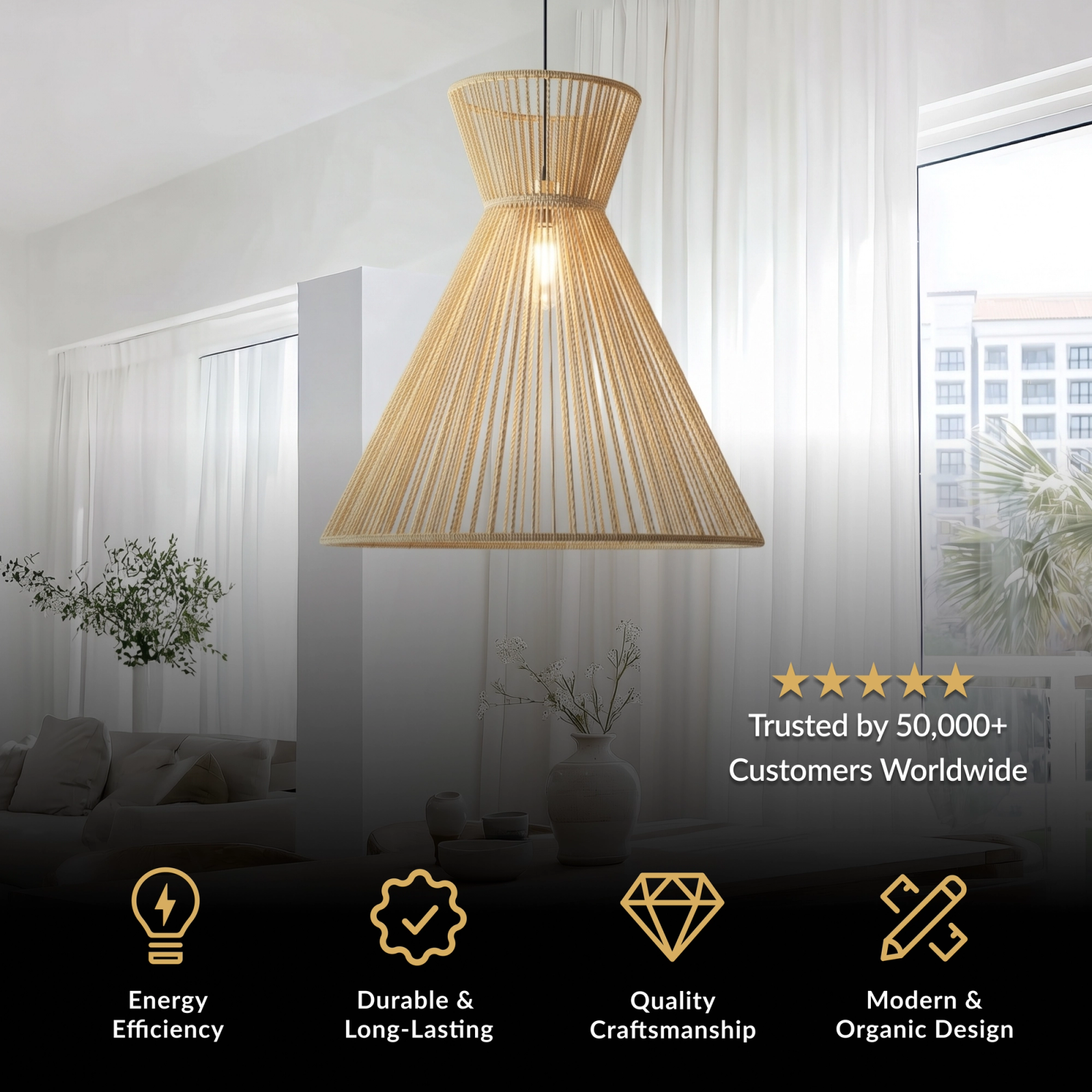 Isla chandelier, tapered woven natural fiber pendant with interior bulbs in a bright room