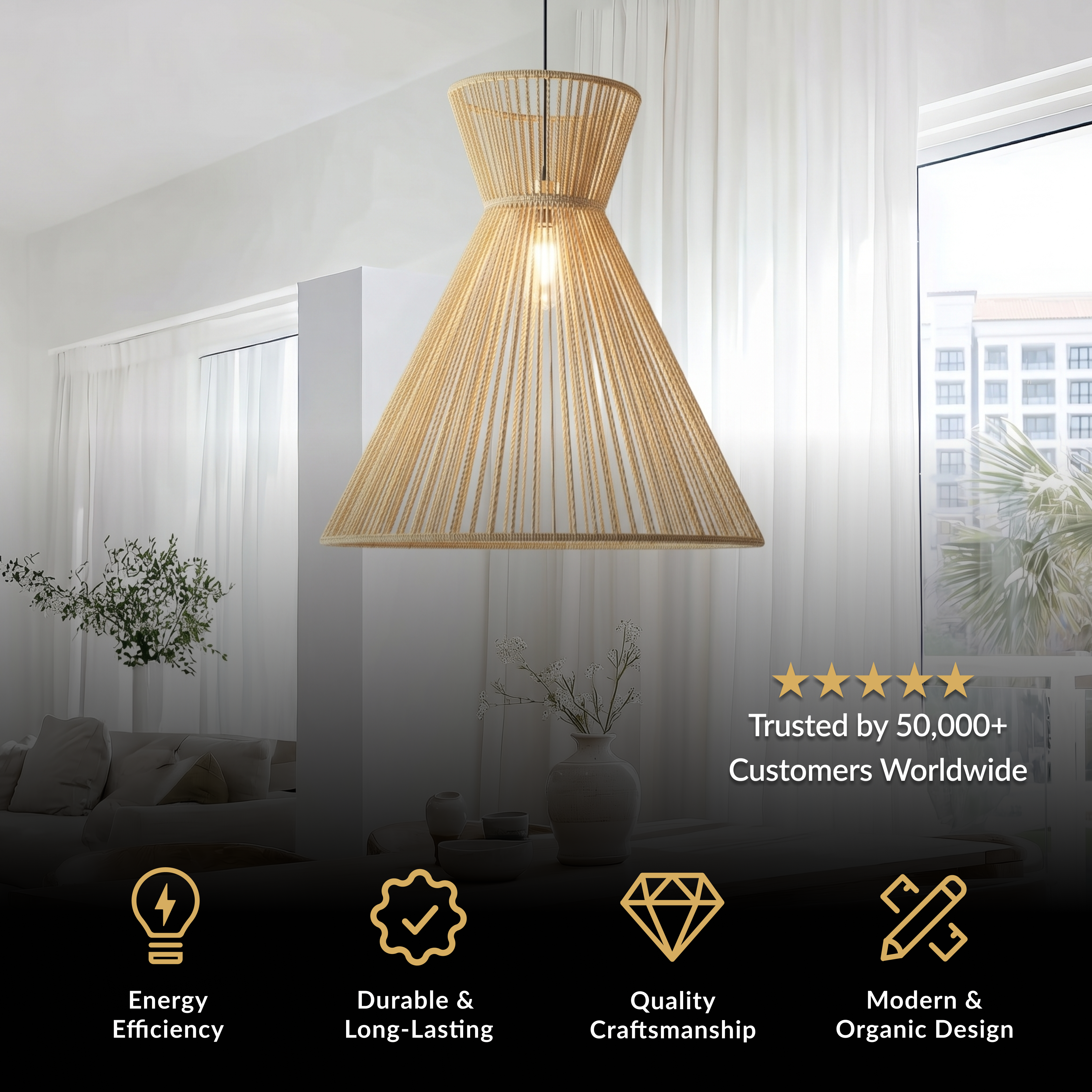 Isla chandelier, tapered woven natural fiber pendant with interior bulbs in a bright room