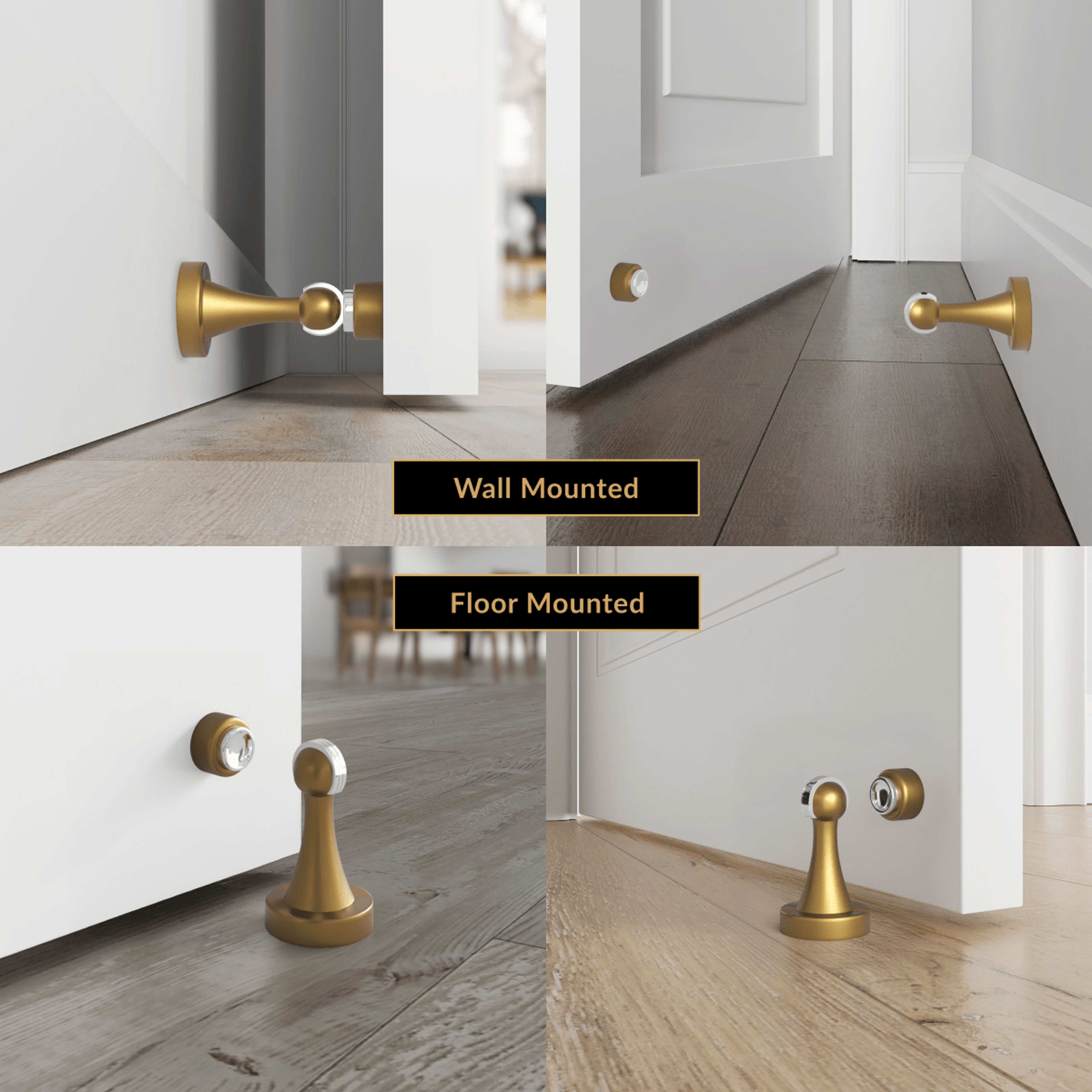 Noka brushed-gold magnetic door stop shown wall-mounted and floor-mounted by a door
