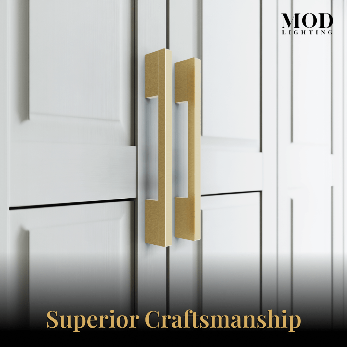 Maddison brushed-gold stepped cabinet pulls on white cabinet doors, close view, captioned superior craftsmanship