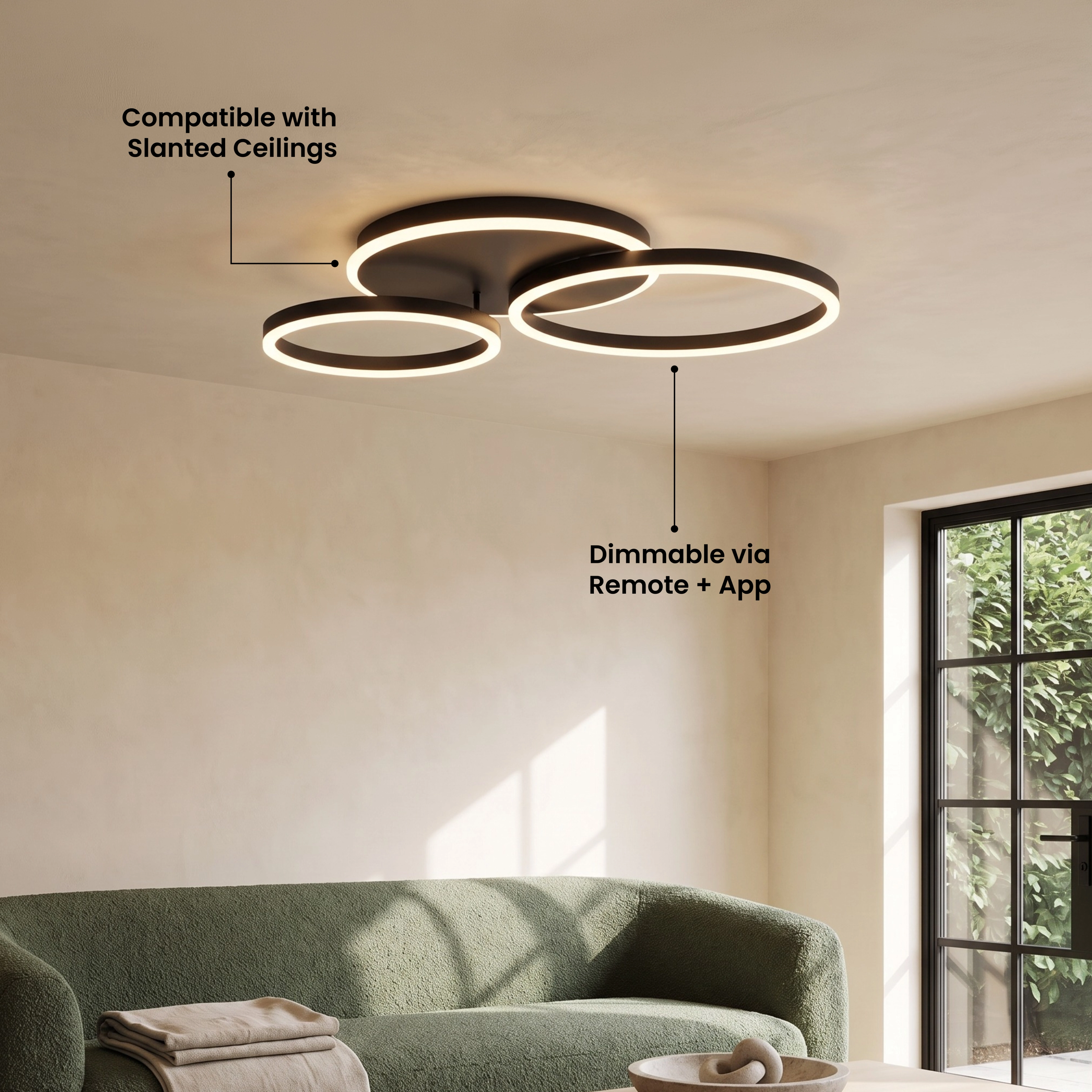 Black Chloe Smart ceiling light with callouts for slanted ceiling compatibility and dimming by remote and app