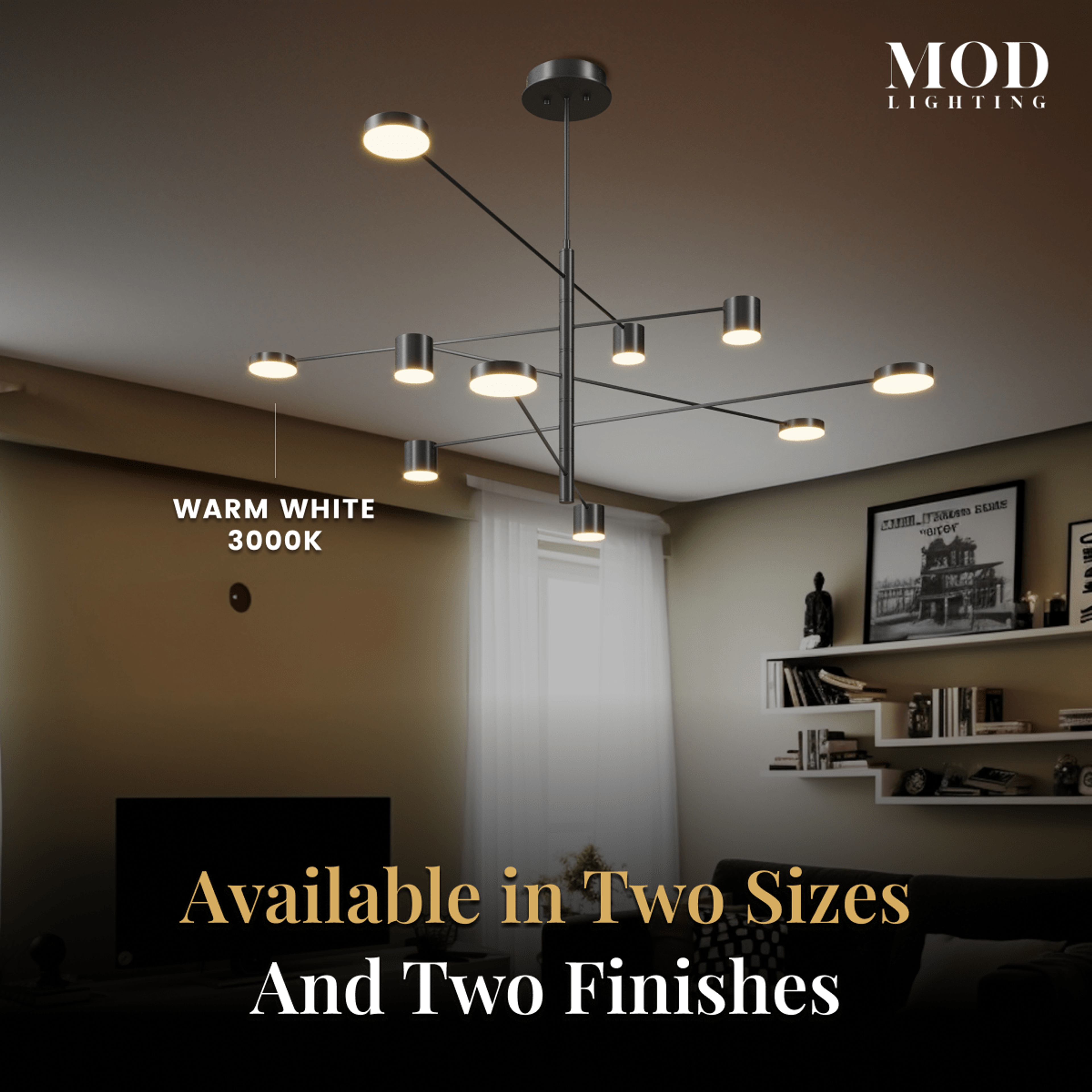 Lynx chandelier in black finish with warm white disc lights, staggered arms in a room with wood shelving
