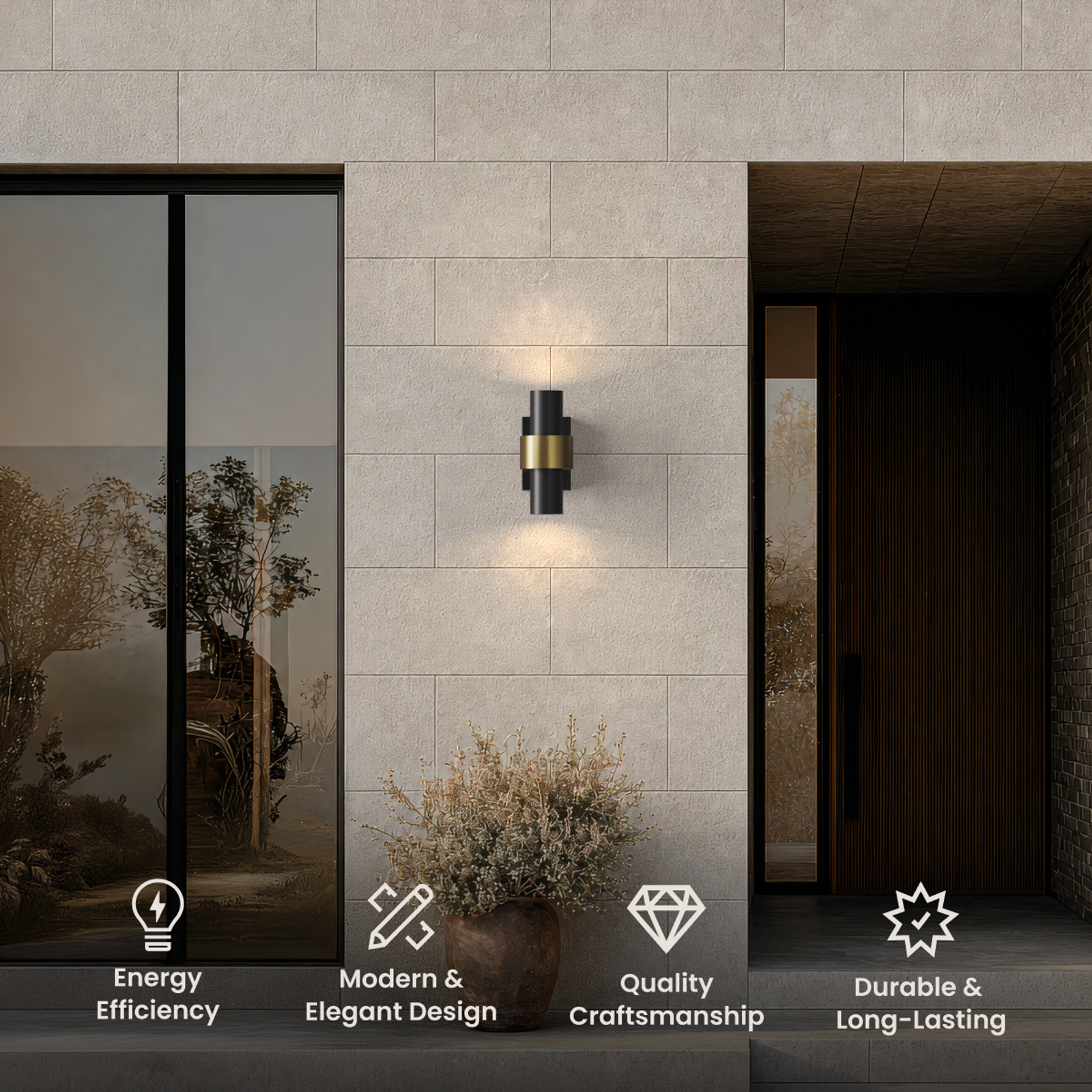 Stella black and brass outdoor sconce on a stone wall beside a glazed entry, with feature icons