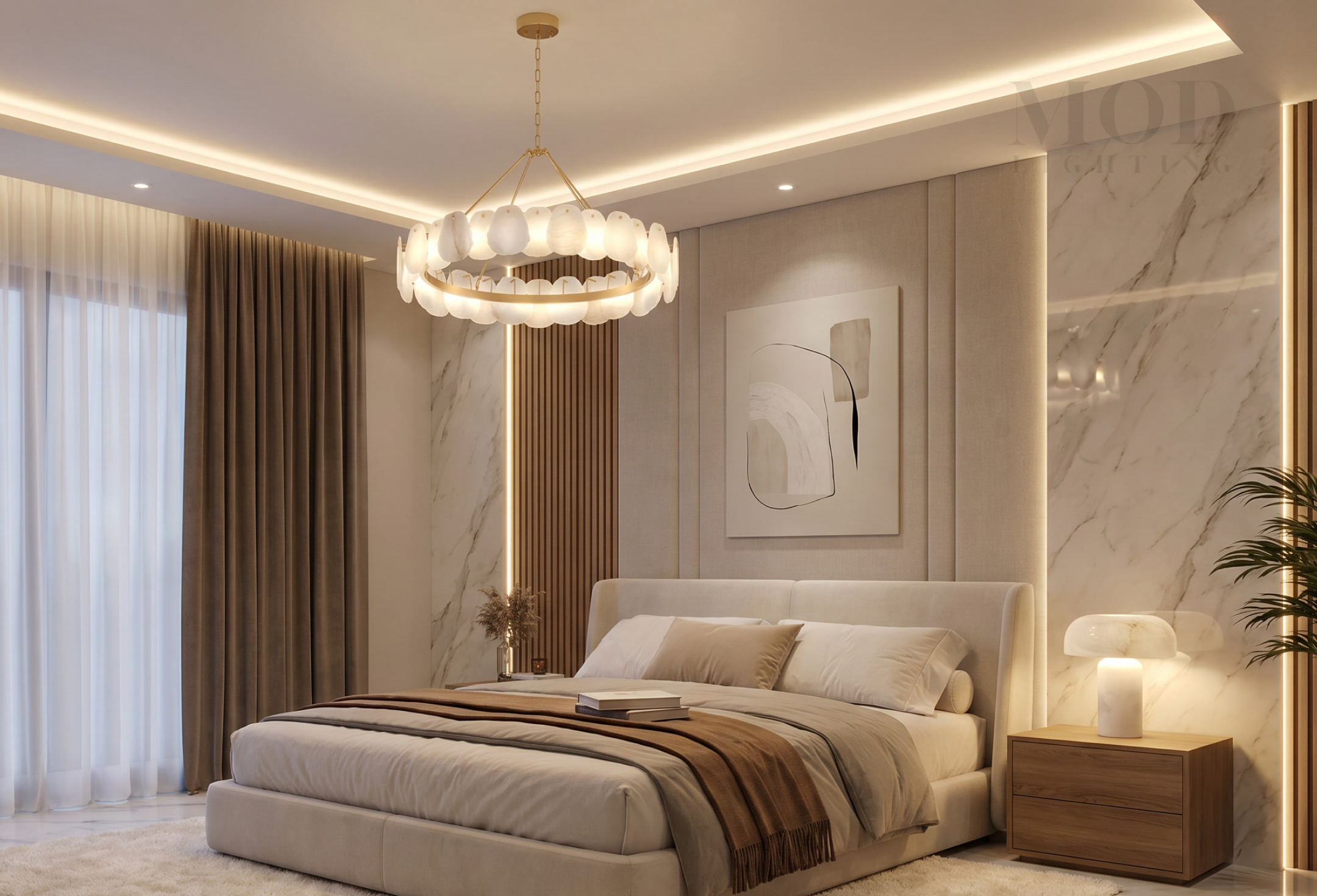 Warm bedroom with layered lighting 
