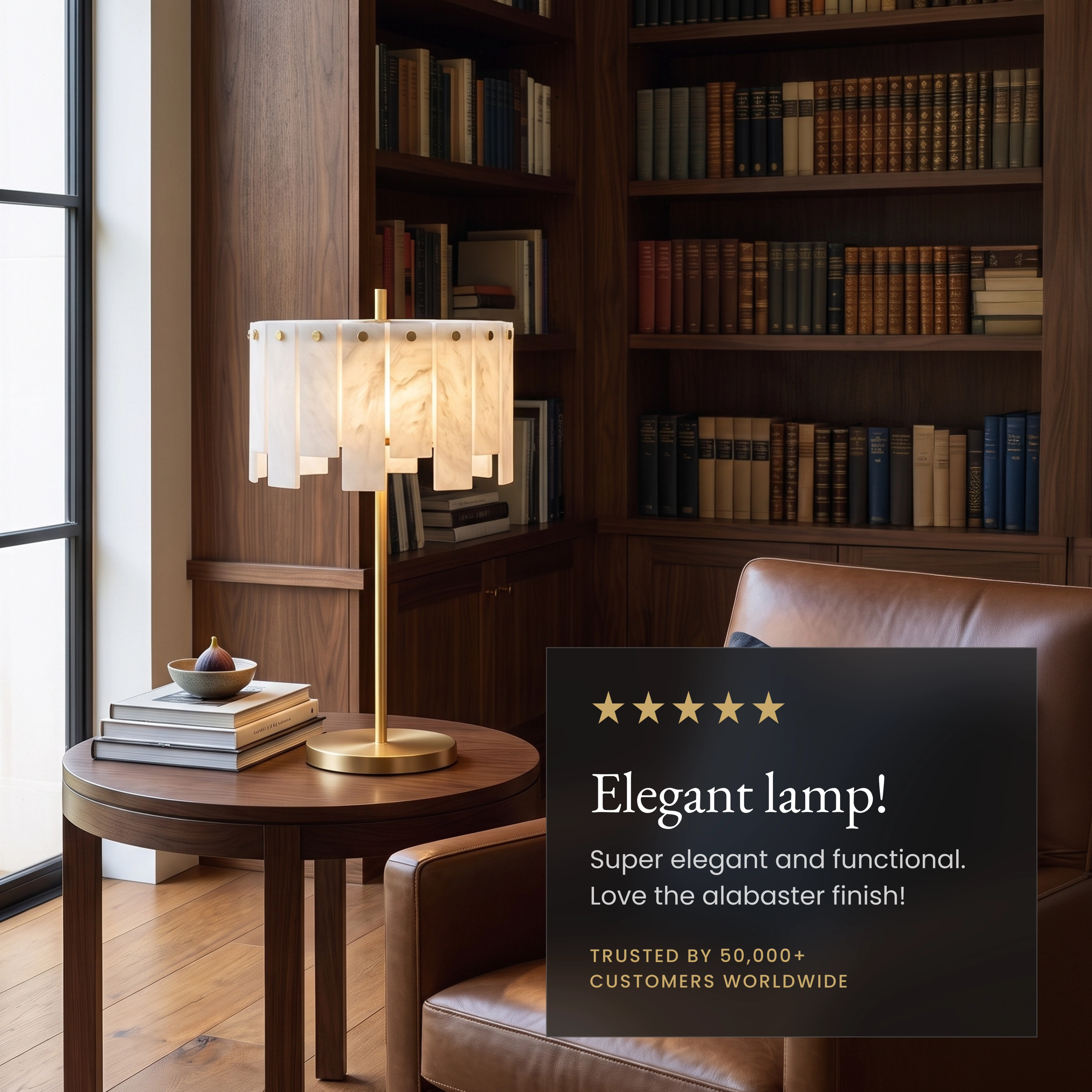 Velina Table Lamp gold base with cylindrical panelled alabaster shade on a marble dining table