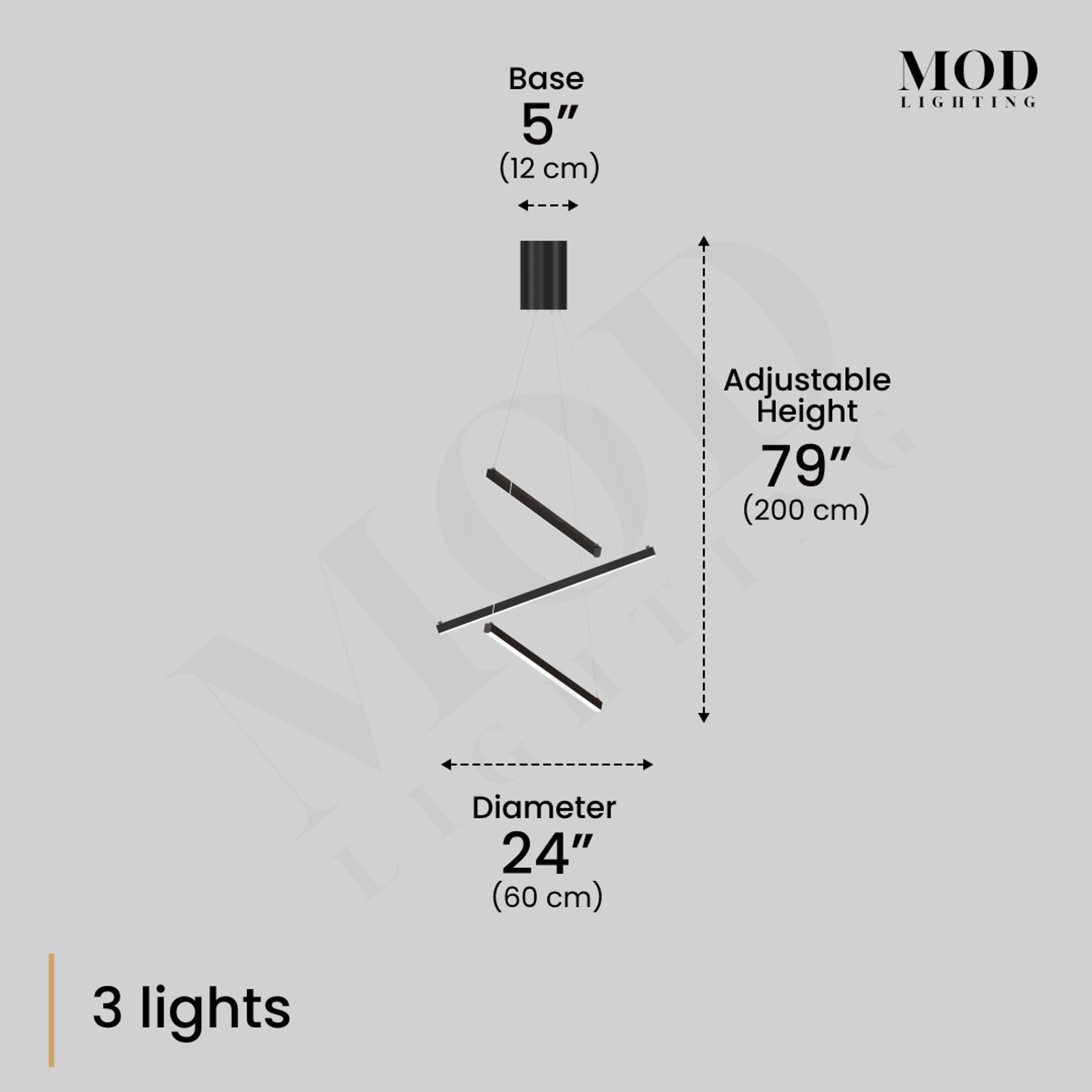 Finn dimension diagram, 3 black spiraling light bars, 5" base, 24" diameter, 79" adjustable height