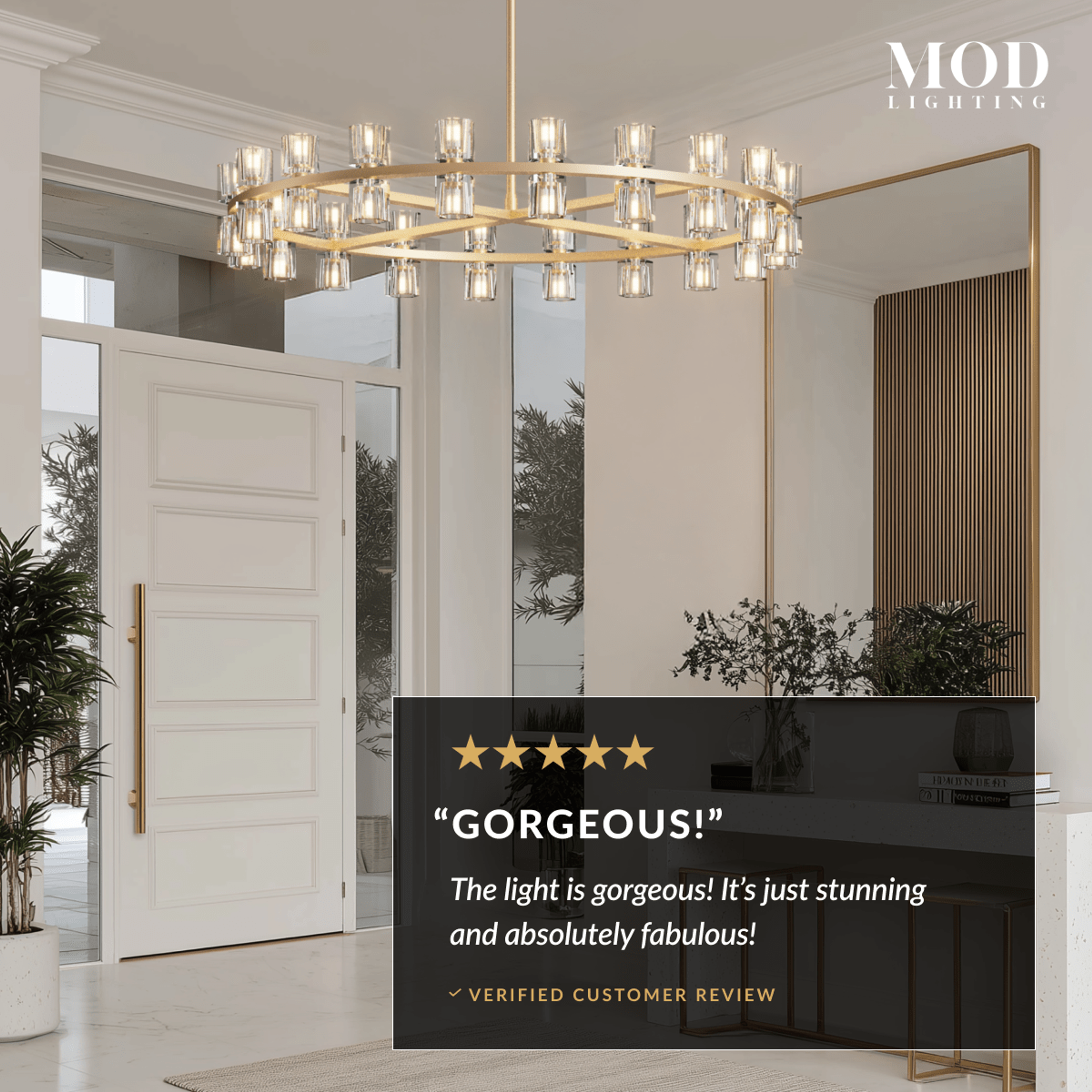Sunrise brushed-gold ring chandelier with cube-cut crystal shades in a bright modern entryway