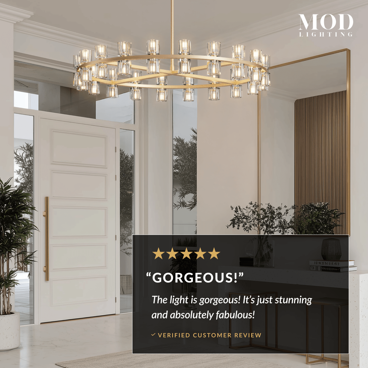 Sunrise brushed-gold ring chandelier with cube-cut crystal shades in a bright modern entryway