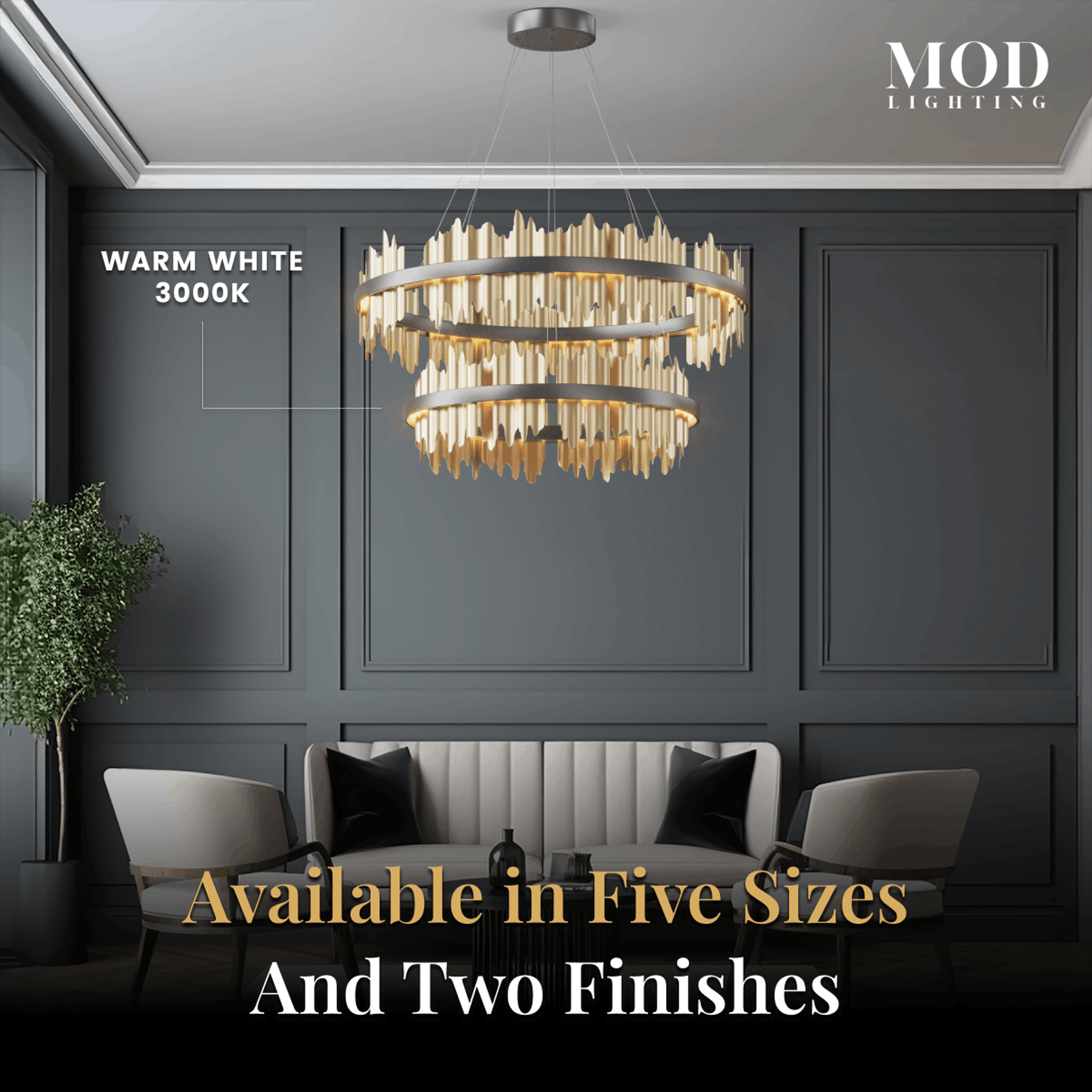 Aurelius chandelier, two-tier gold crystal ring lit warm white over a dining nook