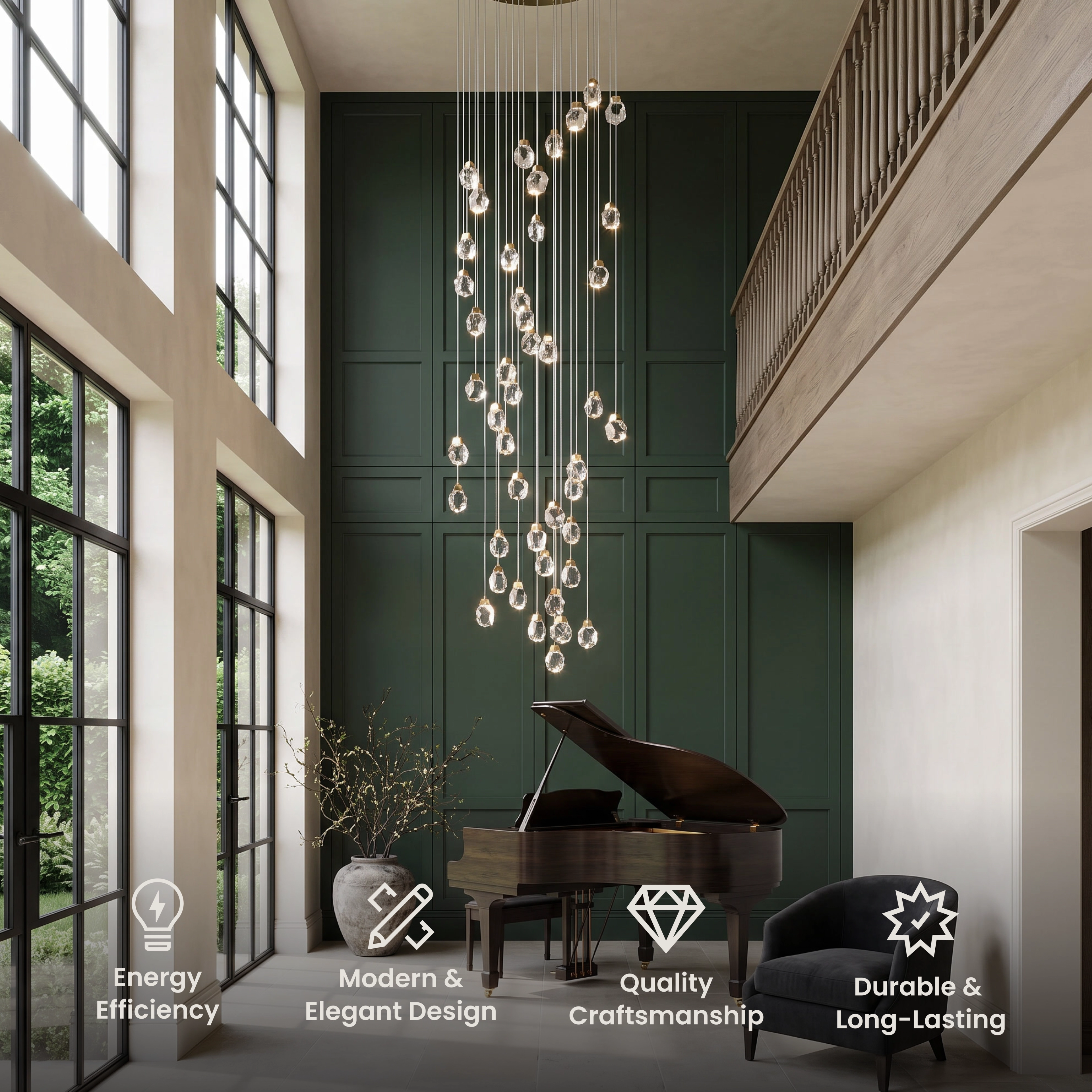 Hailstone chandelier, long cascade of clear crystal spheres on a staircase in a double-height stairwell