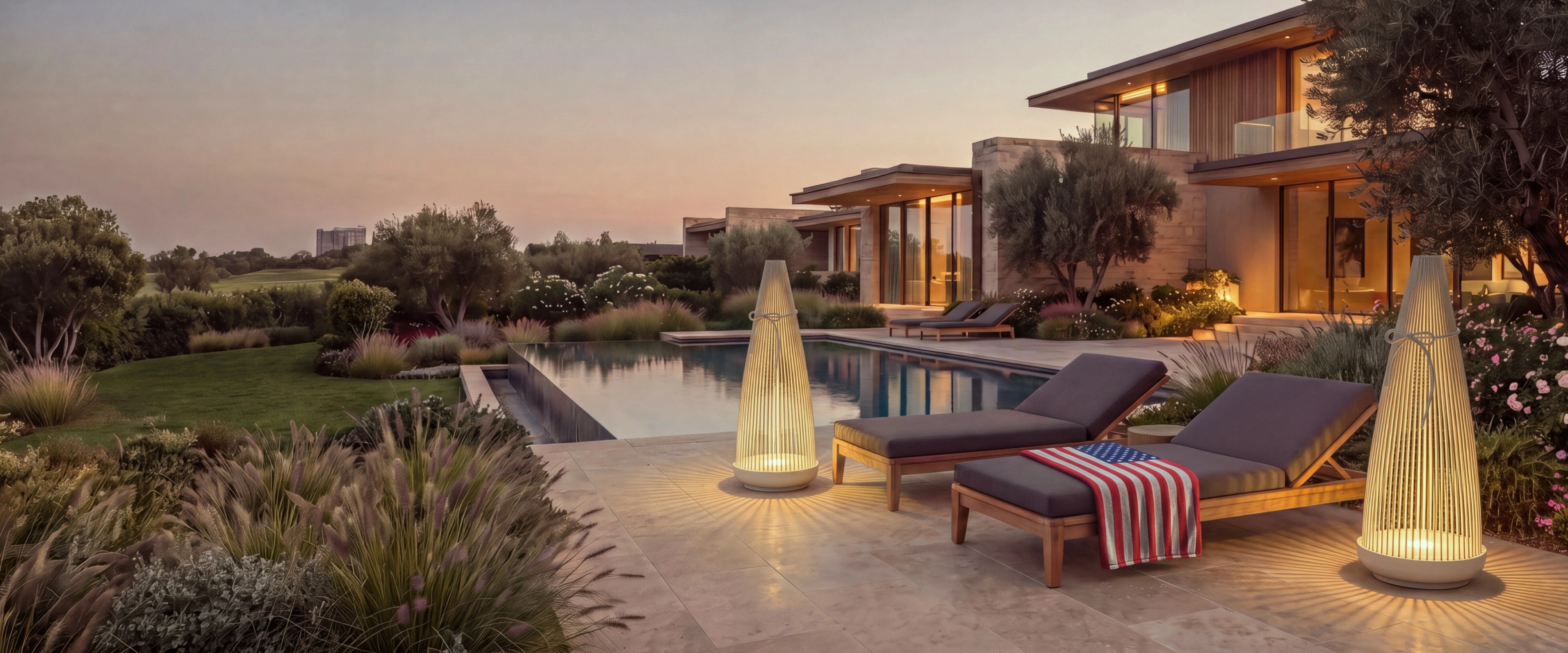 MOD LIGHTING Birch outdoor lanterns lighting a poolside terrace at dusk