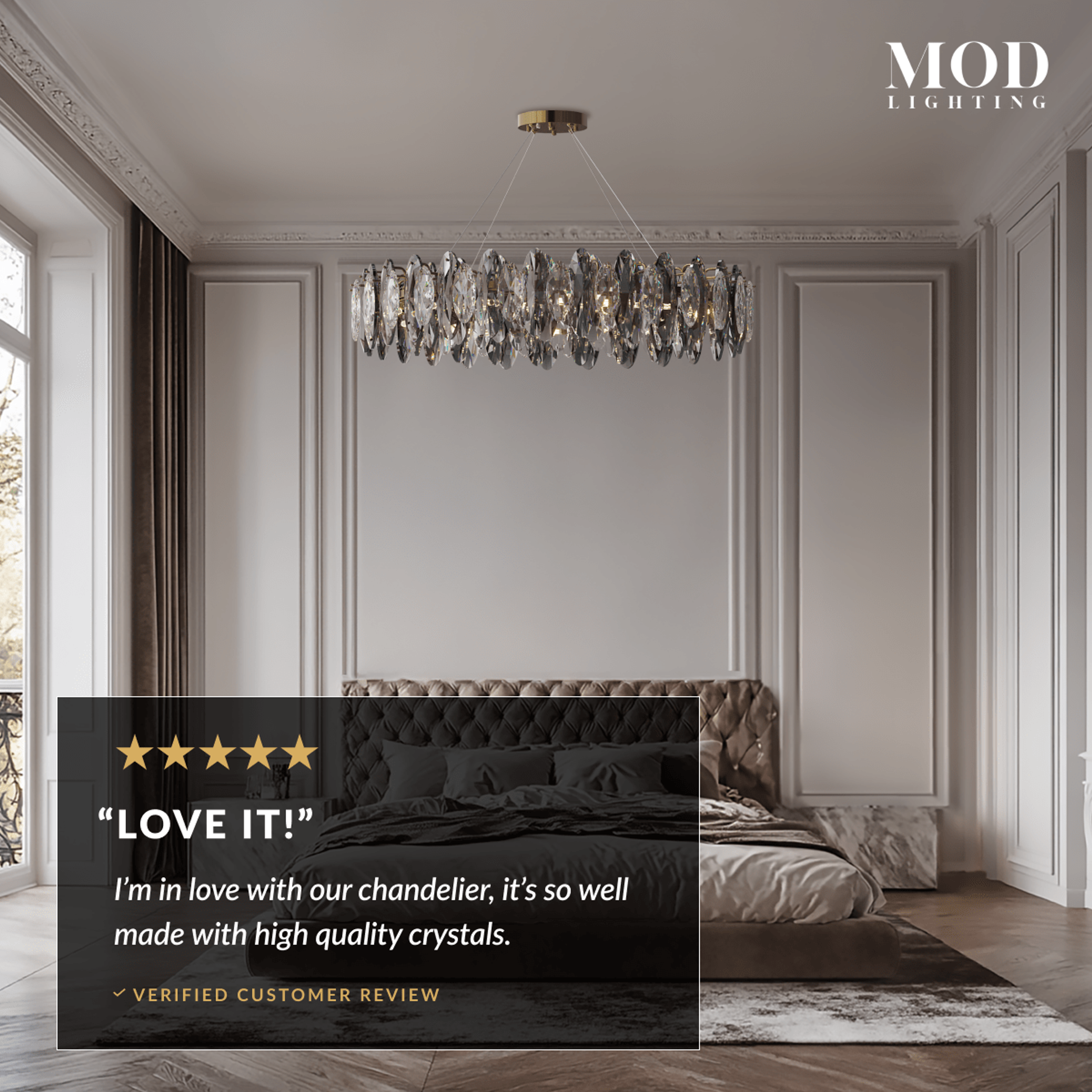 Celestial gold and smoke-crystal chandelier in a beige bedroom, five-star customer review overlay