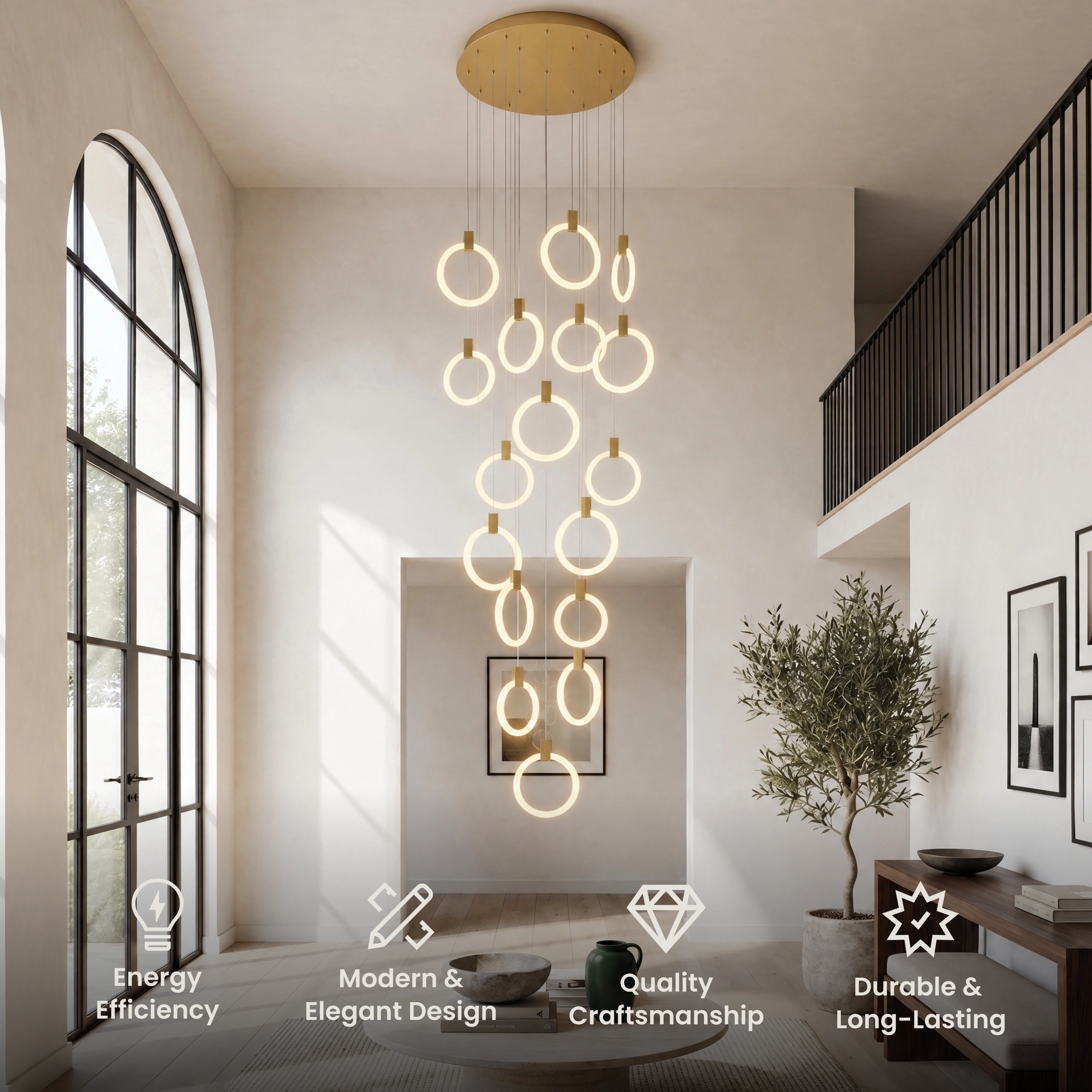 Skyla black staircase chandelier, cascading illuminated rings suspended in a two-story living space