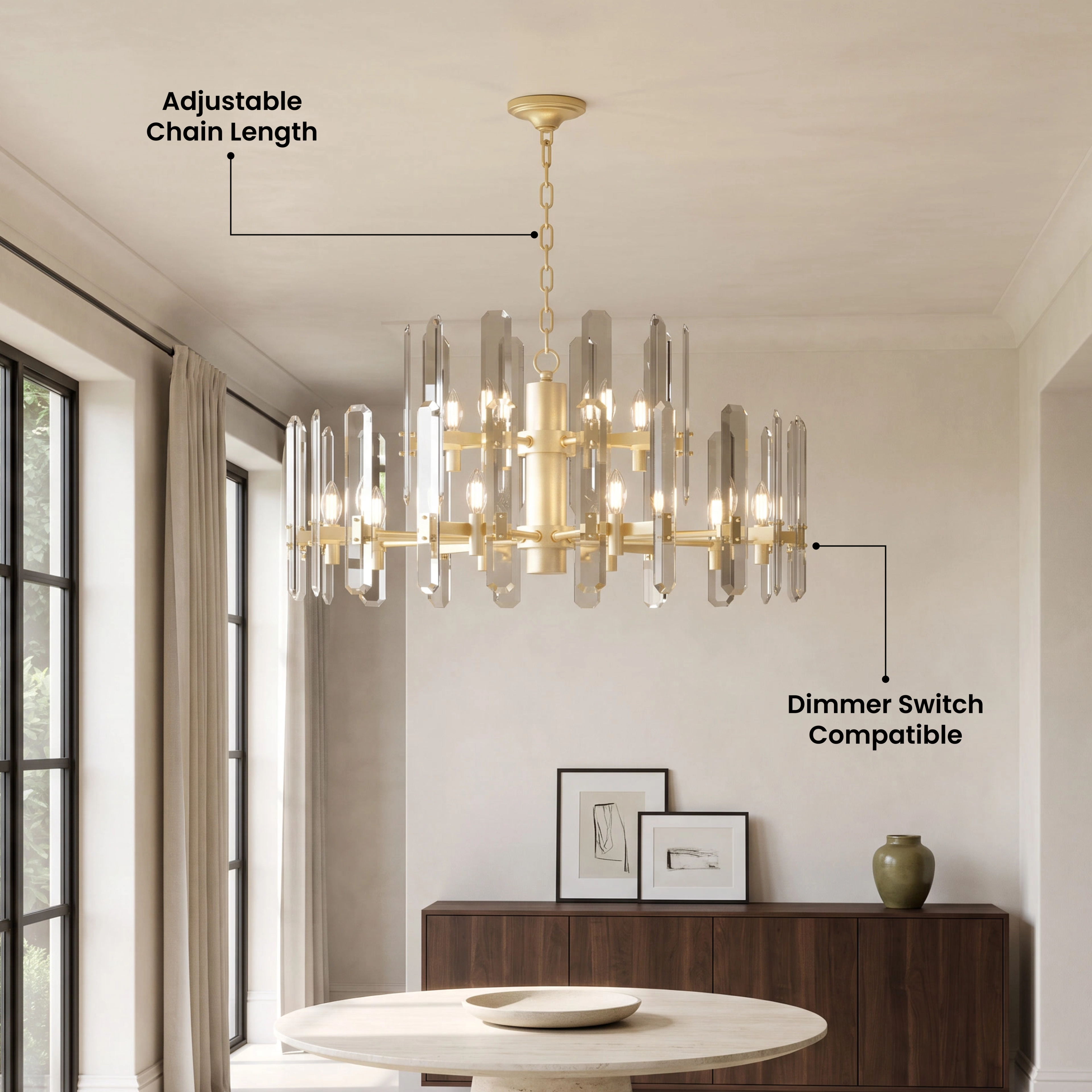 Prism brushed-gold drum chandelier with vertical faceted crystal bars in a bright arched hallway