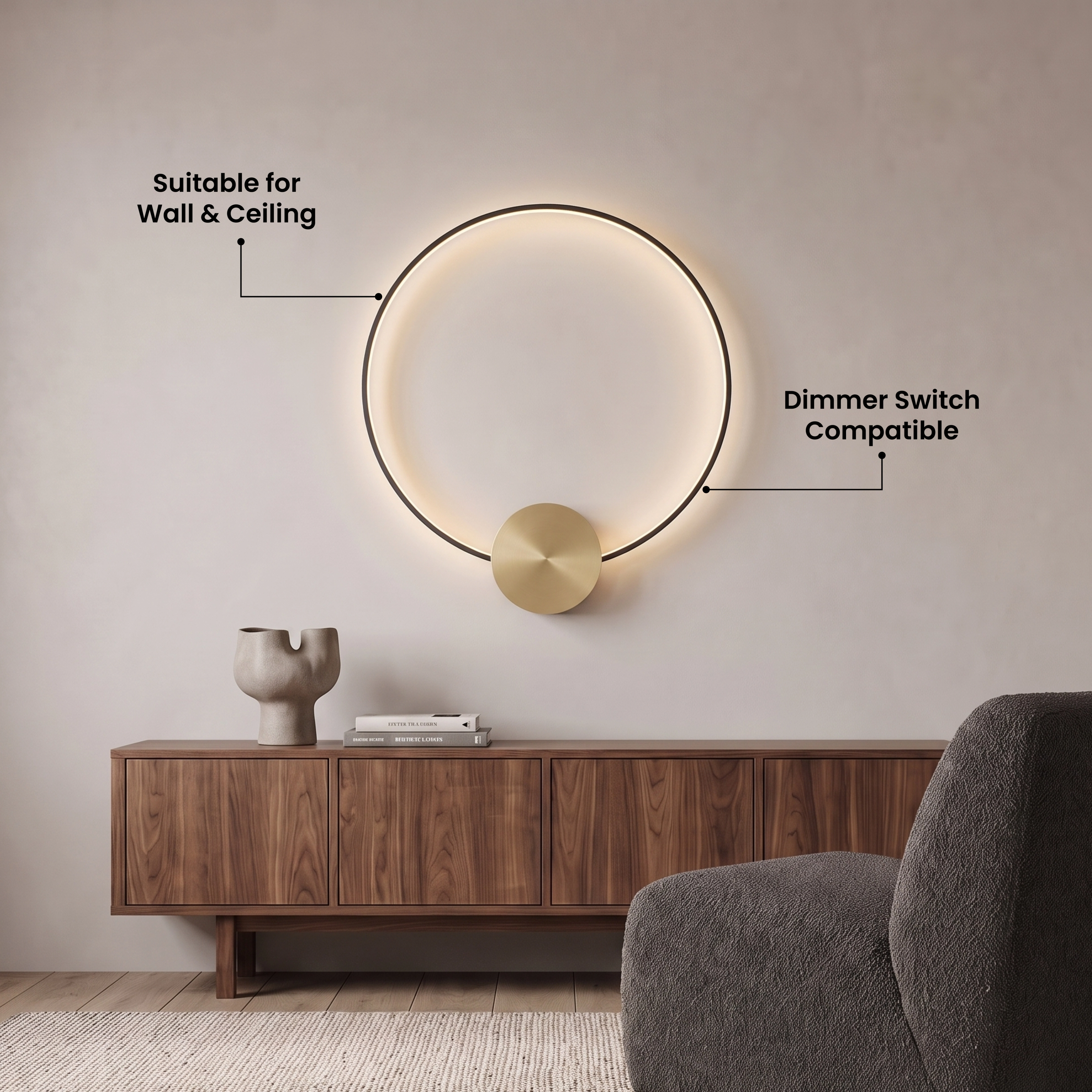 Halo gold ring wall lamp with black disc center, glowing above a fireplace in a neutral living room