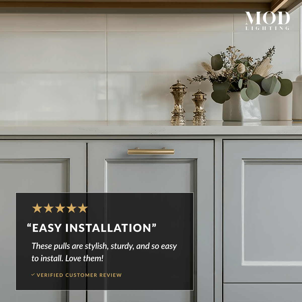 Alison brushed-gold cabinet pull on a gray drawer beside a five-star easy-installation review card