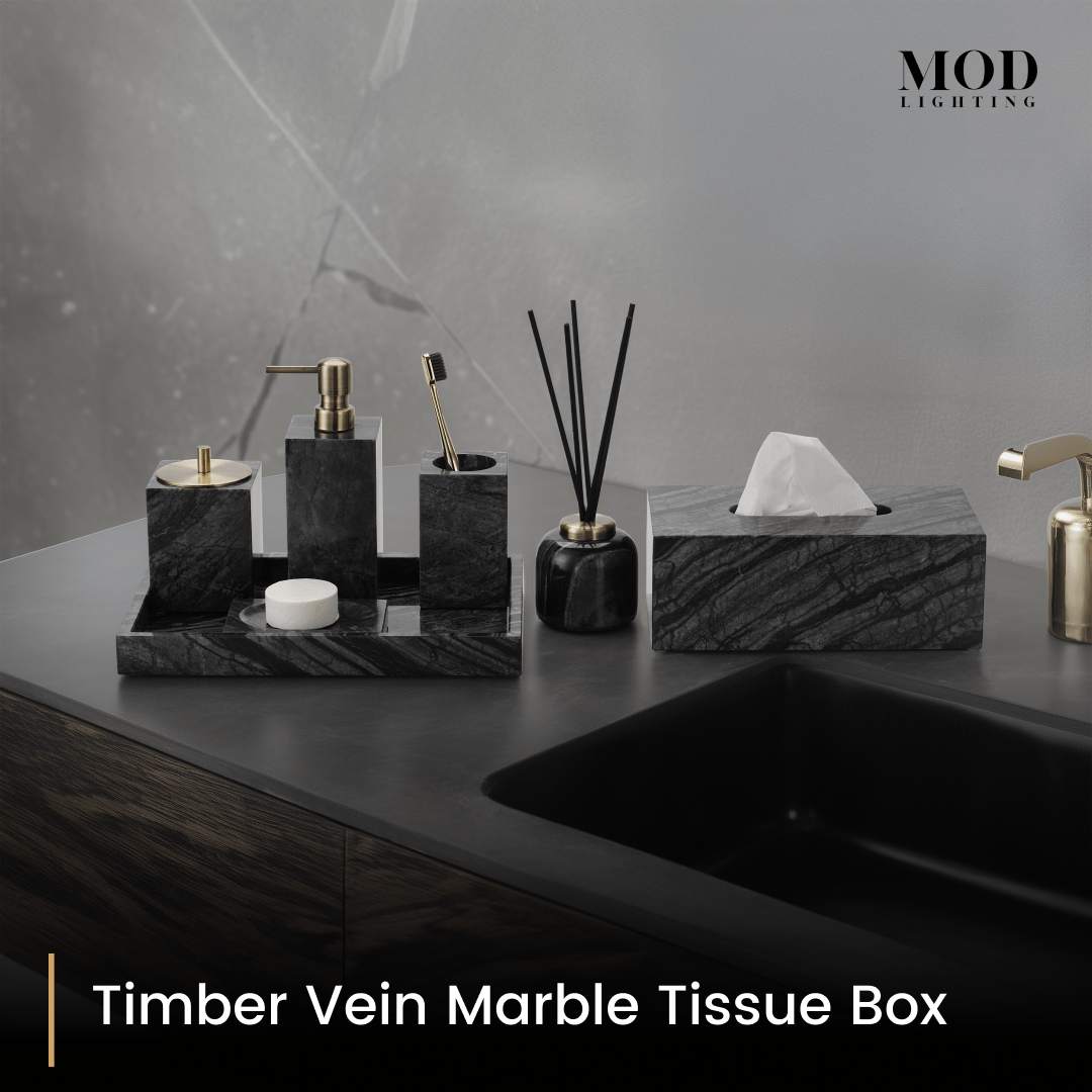 Timber Vein Marble Tissue Box with matching black veined-marble bath set on a counter beside a black undermount sink