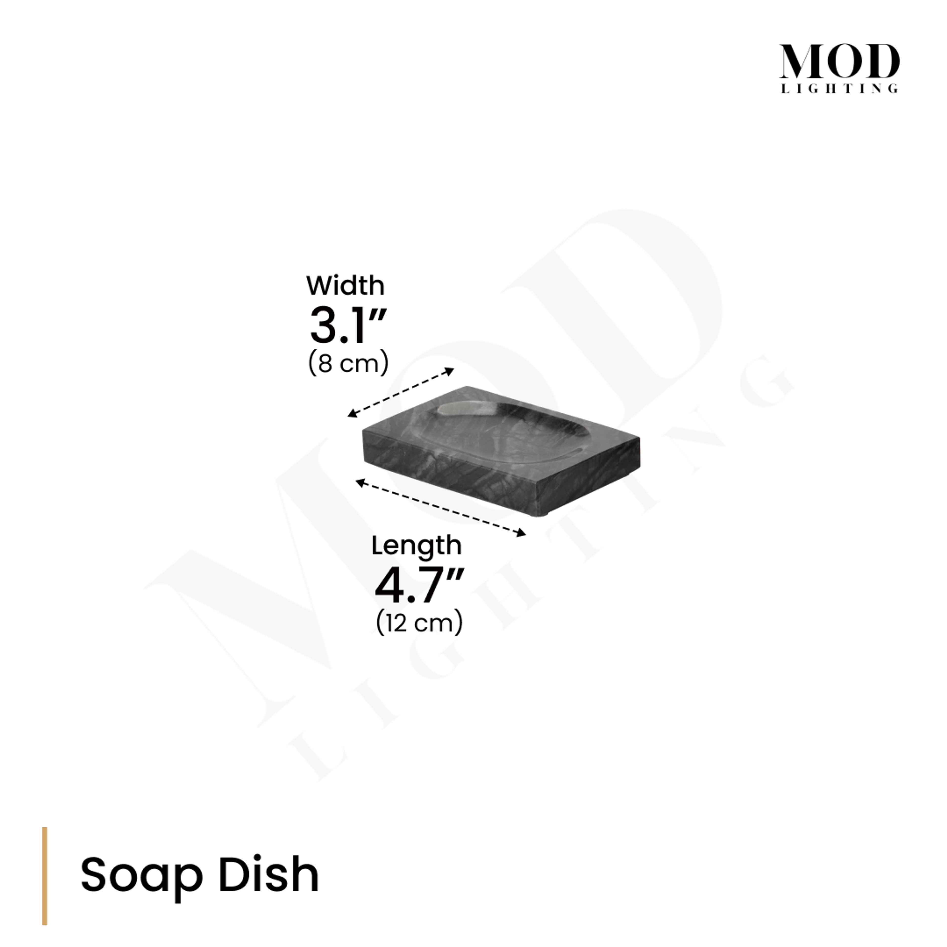 Timber Vein Marble Bath Set soap dish, dimension diagram of the black veined-marble tray: 4.7 in long, 3.1 in wide