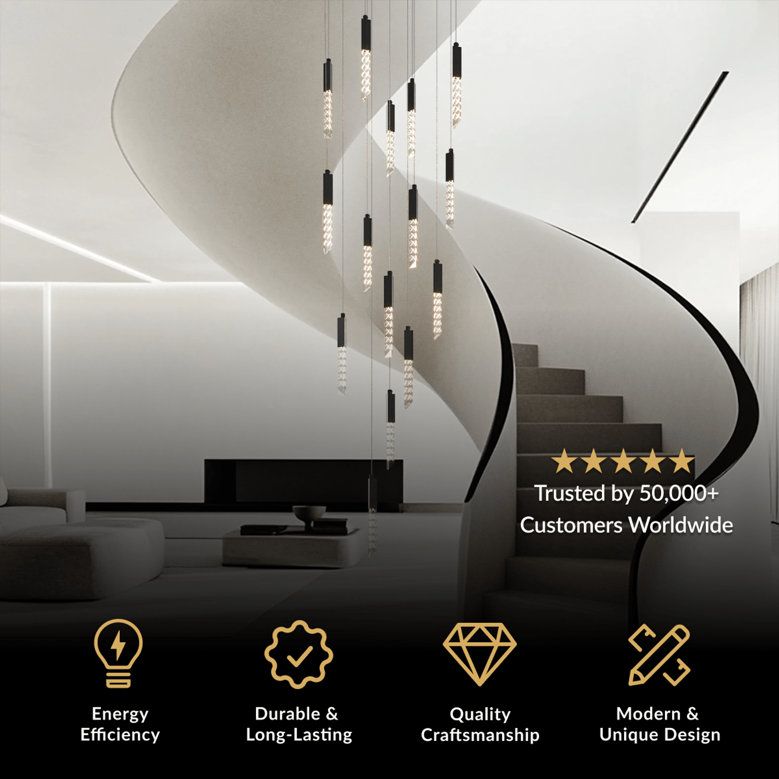 Cosmo spiral cascade of gold LED pendant rods over a curved staircase and sofa